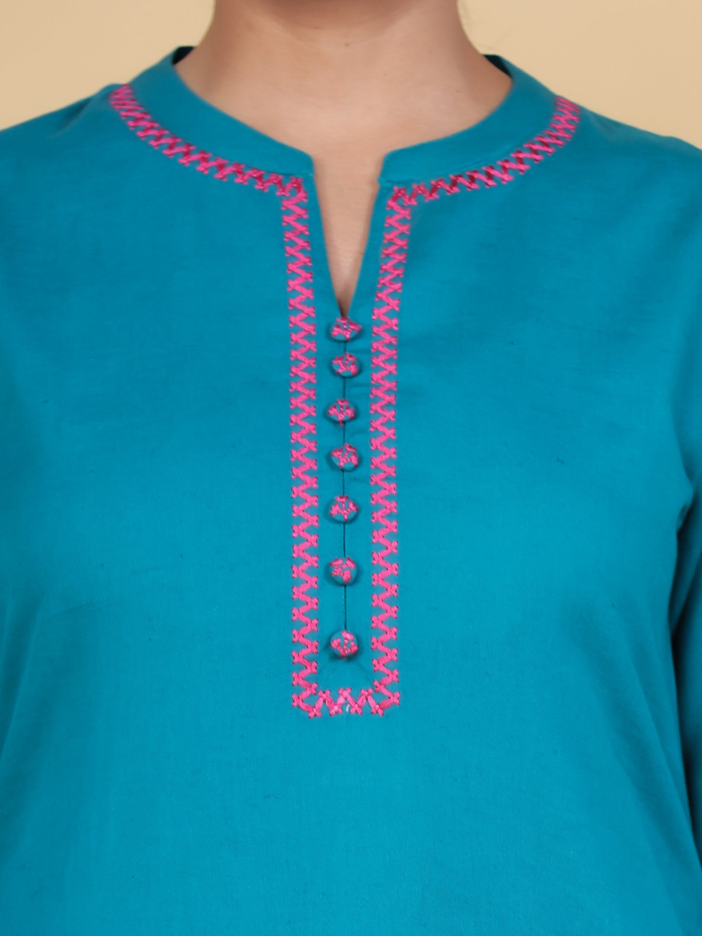 Embroidered Linen Cotton Solid Straight Teal Kurta