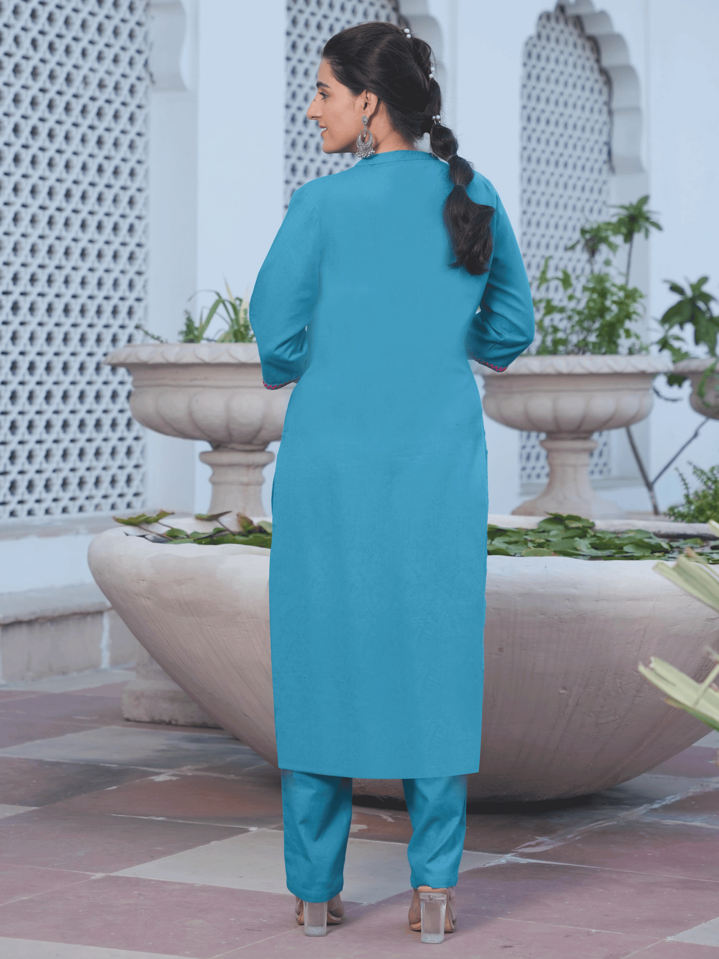 Embroidered Linen Cotton Solid Straight Teal Kurta