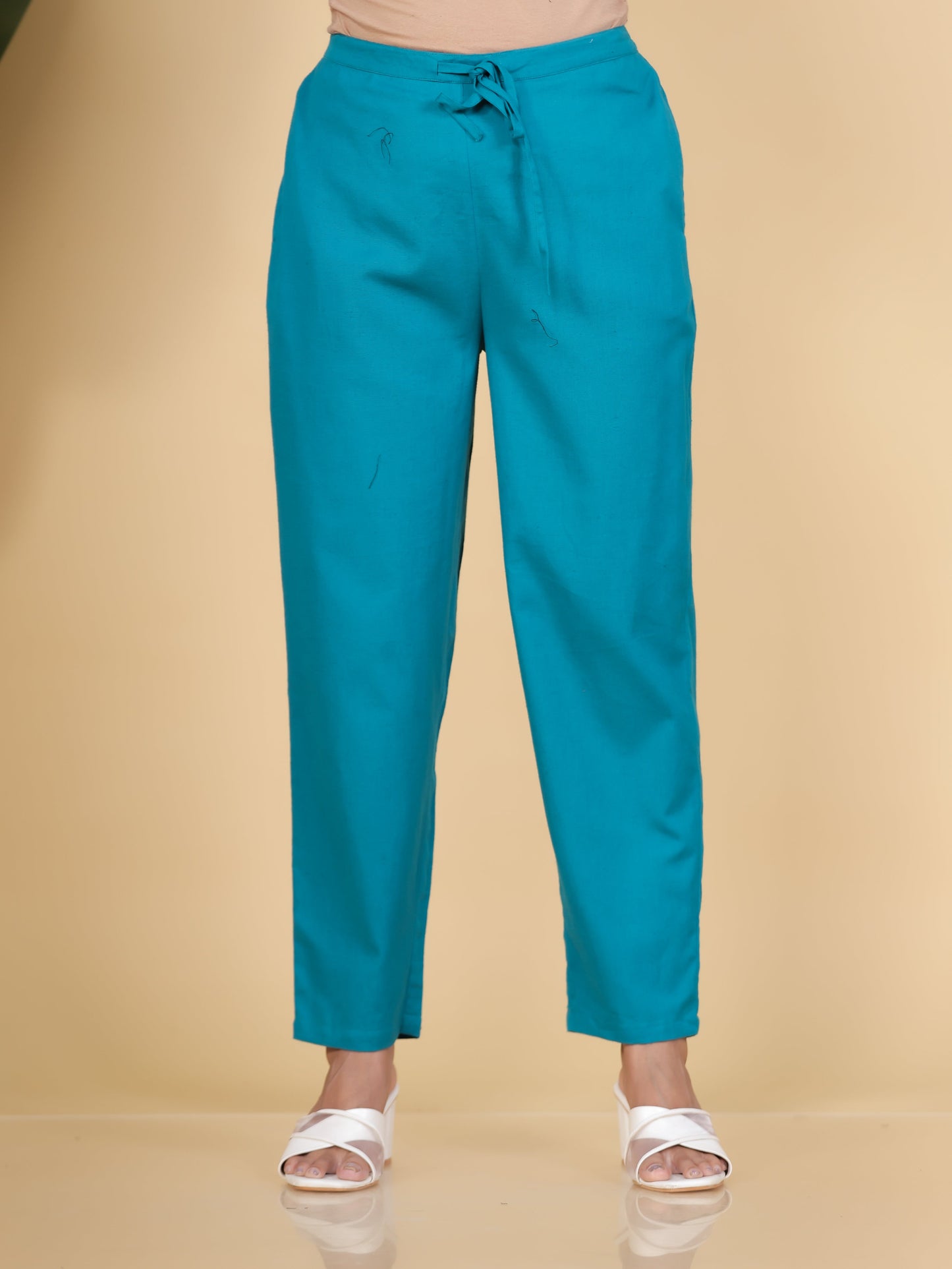 Embroidered Linen Cotton Solid Straight Teal Kurta
