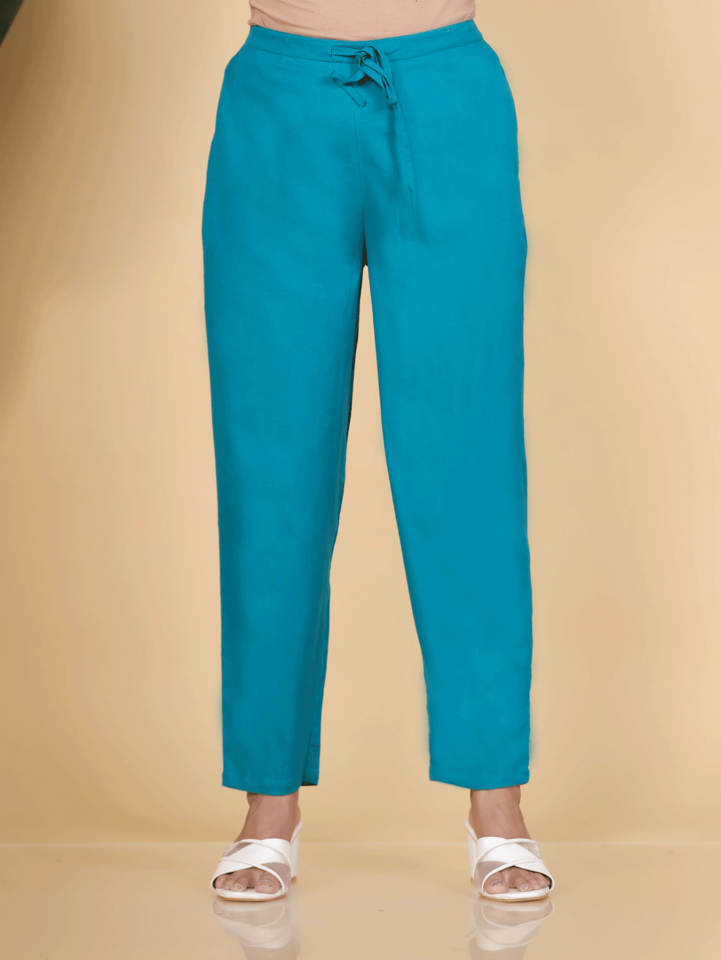 Embroidered Linen Cotton Solid Straight Teal Kurta