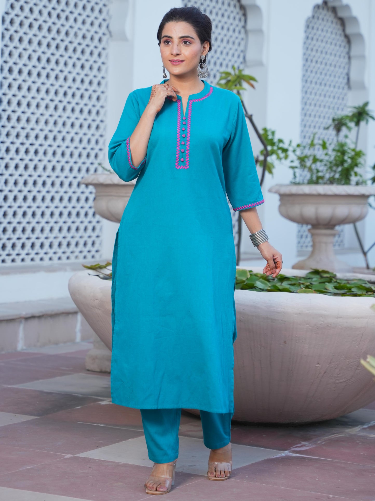 Embroidered Linen Cotton Solid Straight Teal Kurta