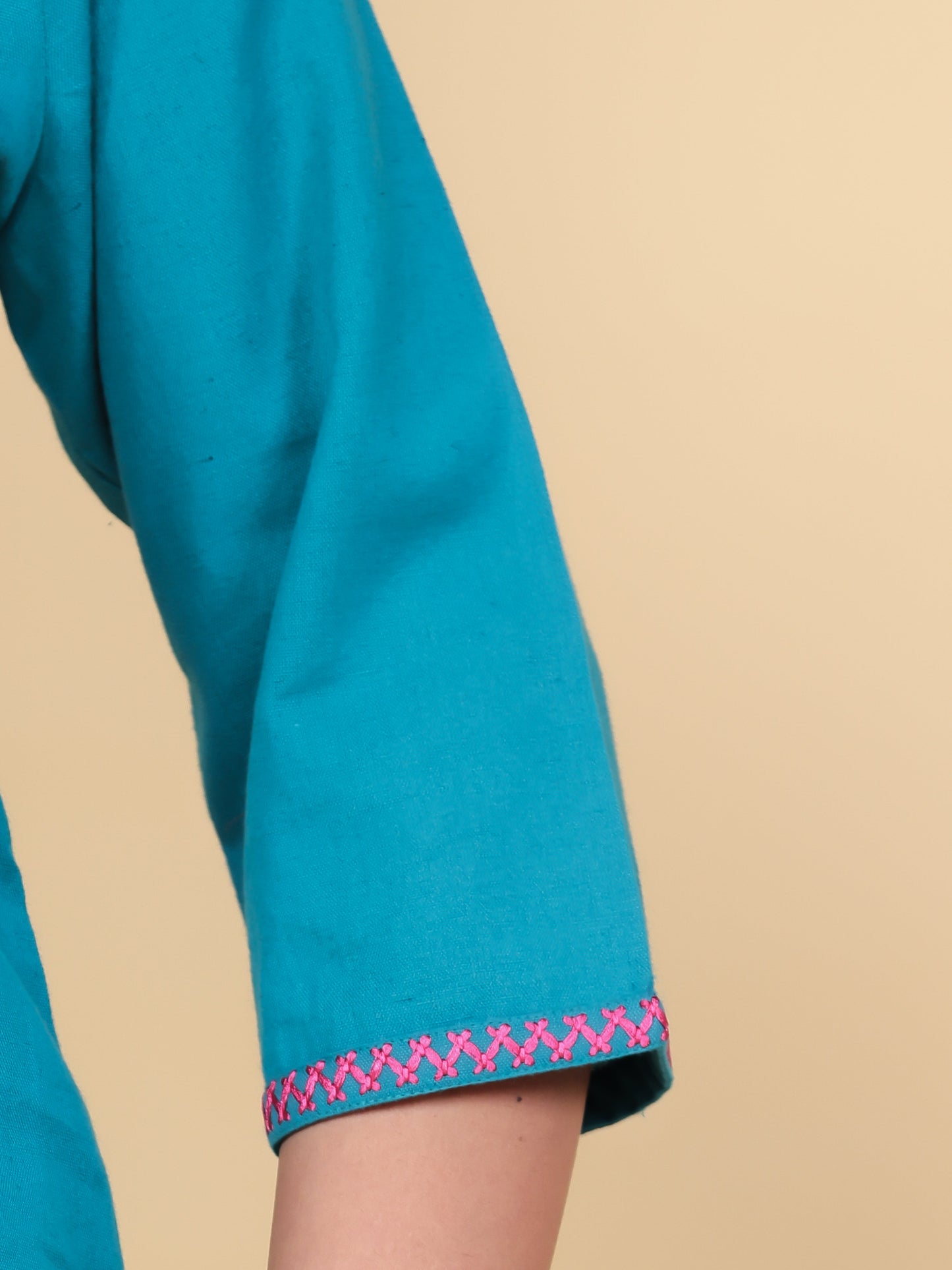 Embroidered Linen Cotton Solid Straight Teal Kurta