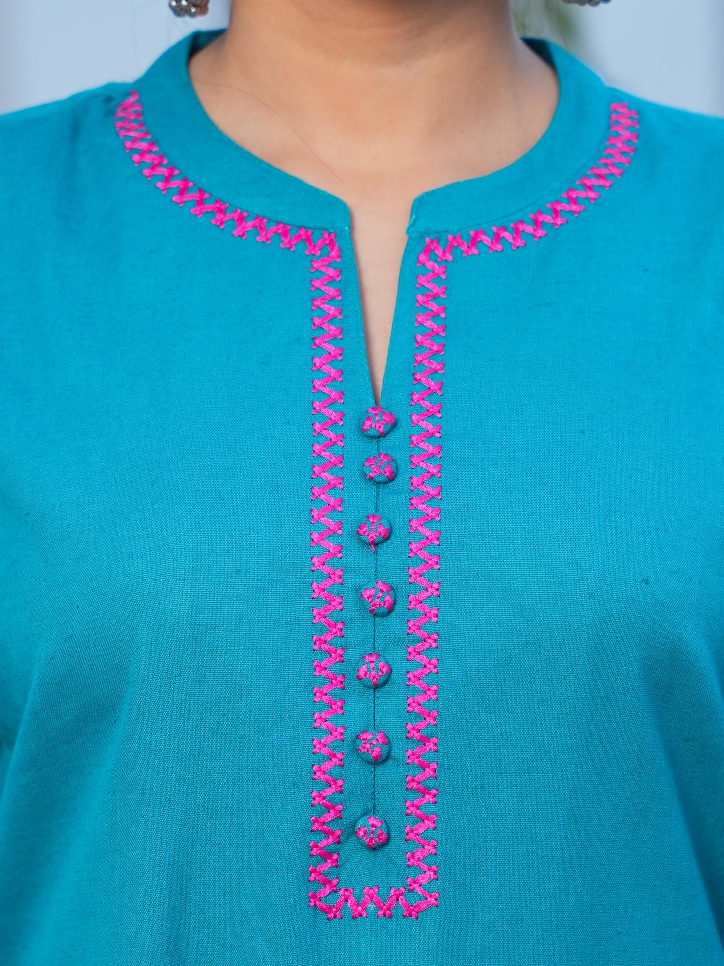 Embroidered Linen Cotton Solid Straight Teal Kurta