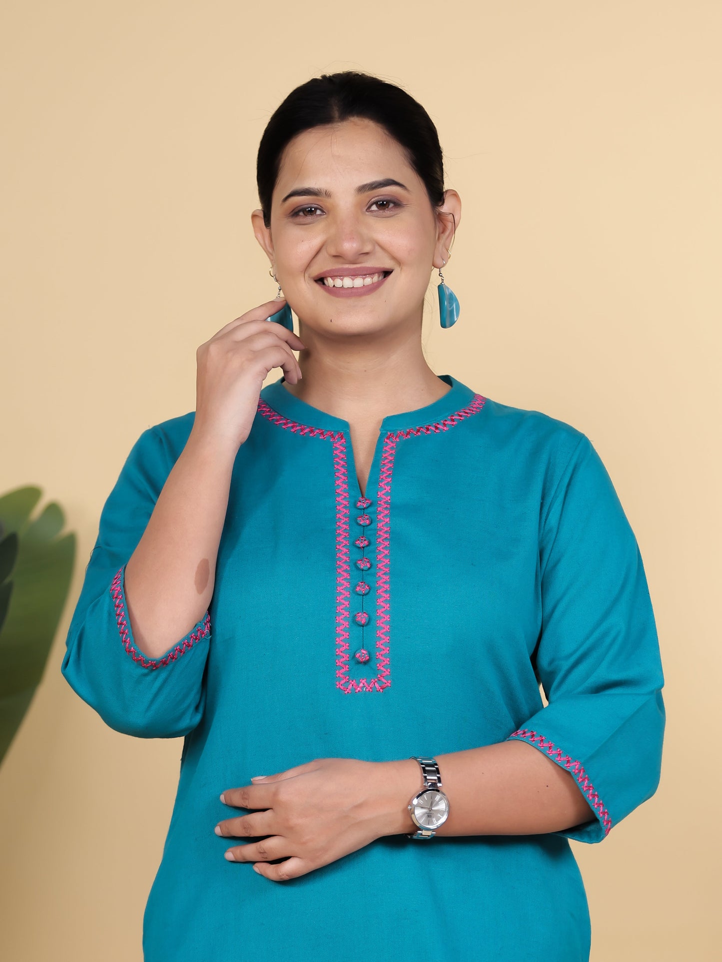 Embroidered Linen Cotton Solid Straight Teal Kurta