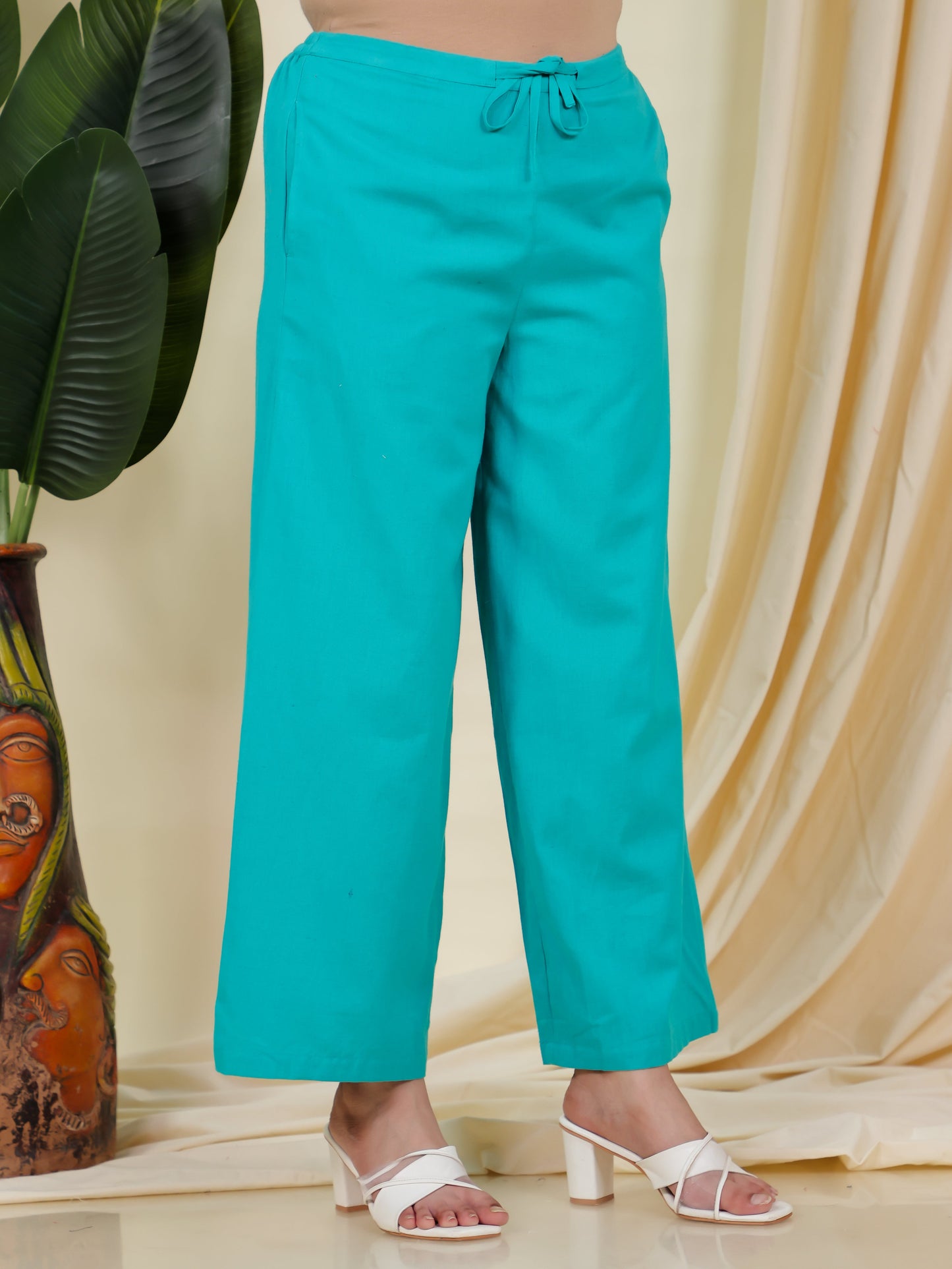 Linen Cotton Solid Green Palazzo