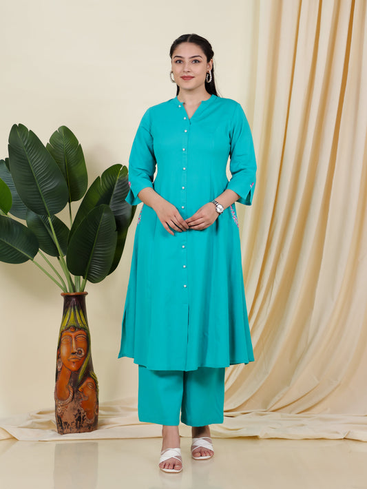 Embroidered Linen Cotton Solid Flared Green Kurta