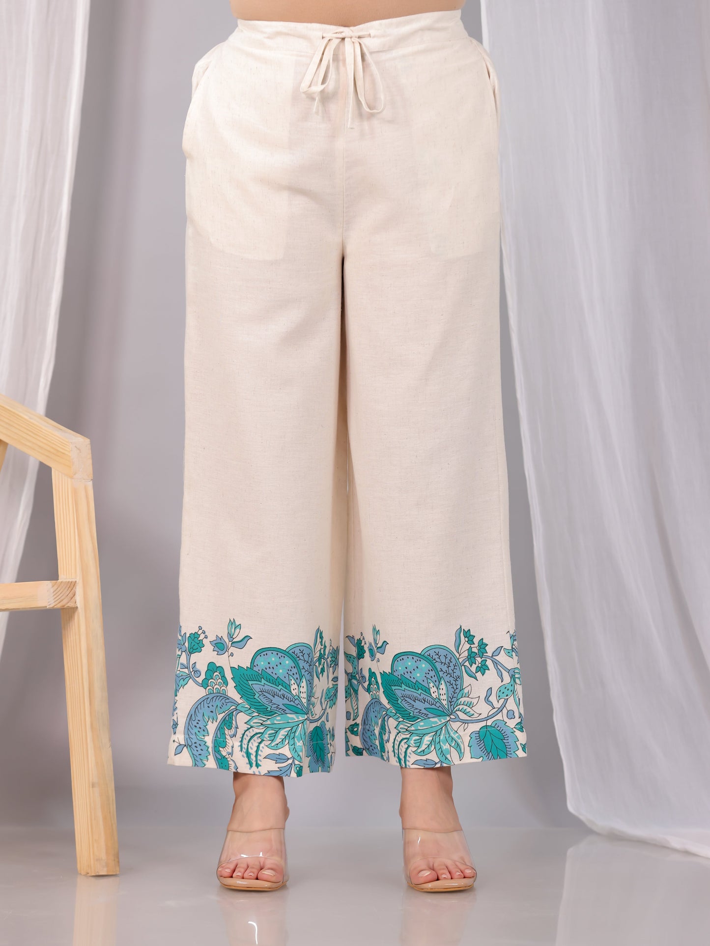 Linen Cotton Placement Print Off White Palazzo