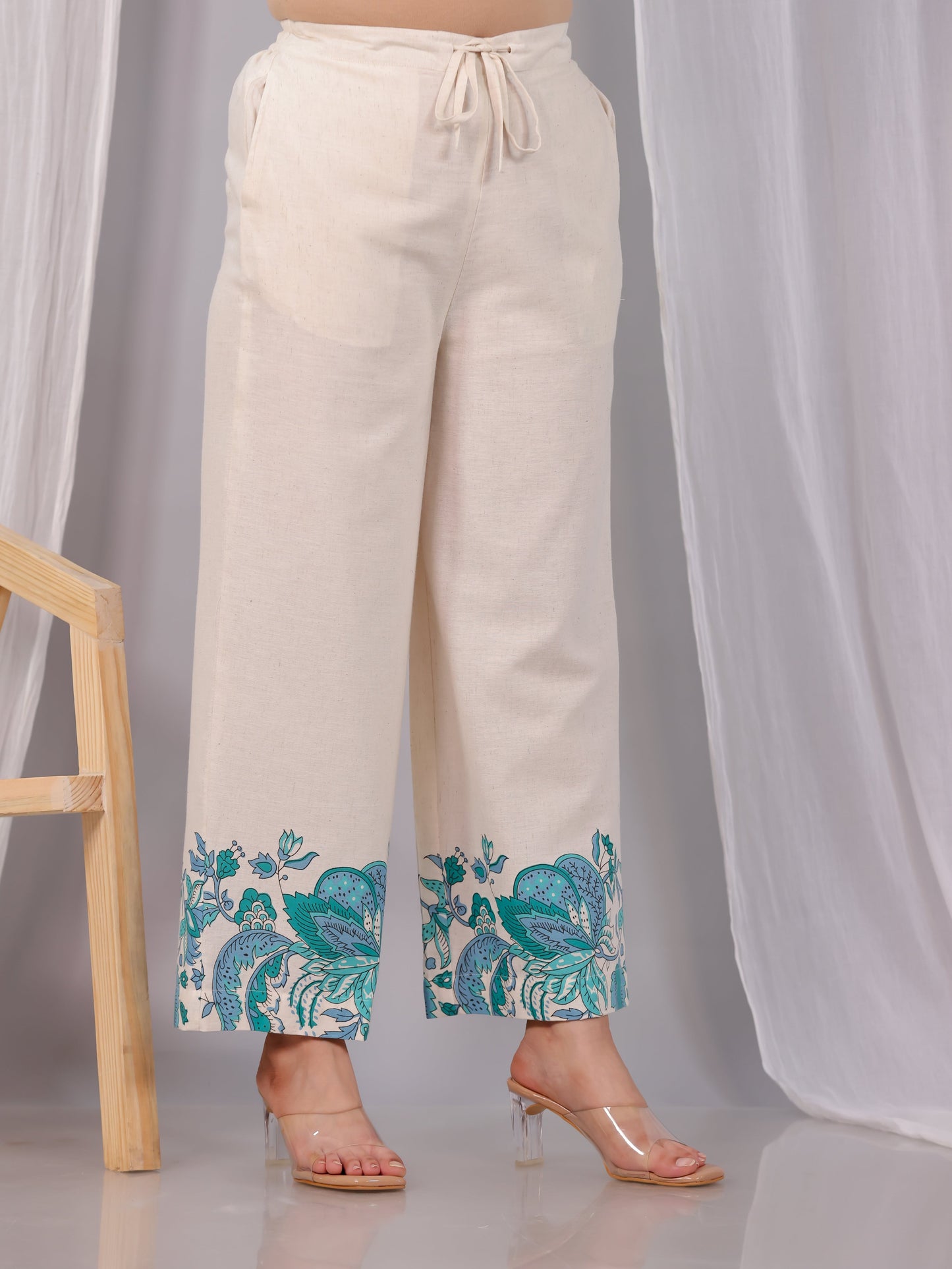 Linen Cotton Placement Print Off White Palazzo