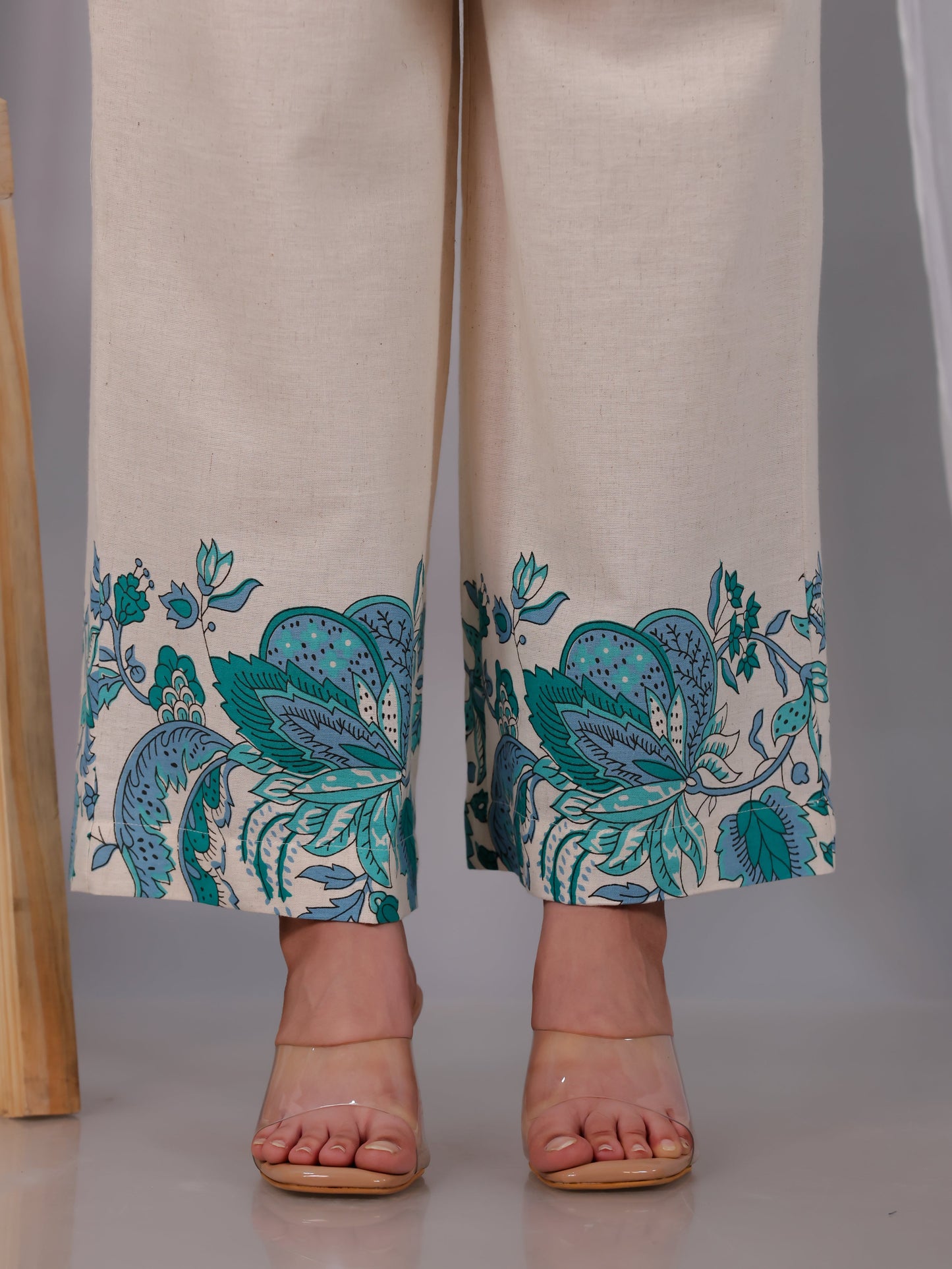 Linen Cotton Placement Print Off White Palazzo