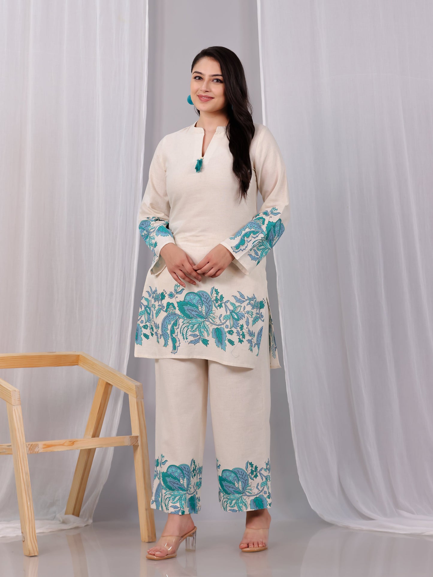 Linen Cotton Placement Print Straight Off White Kurta