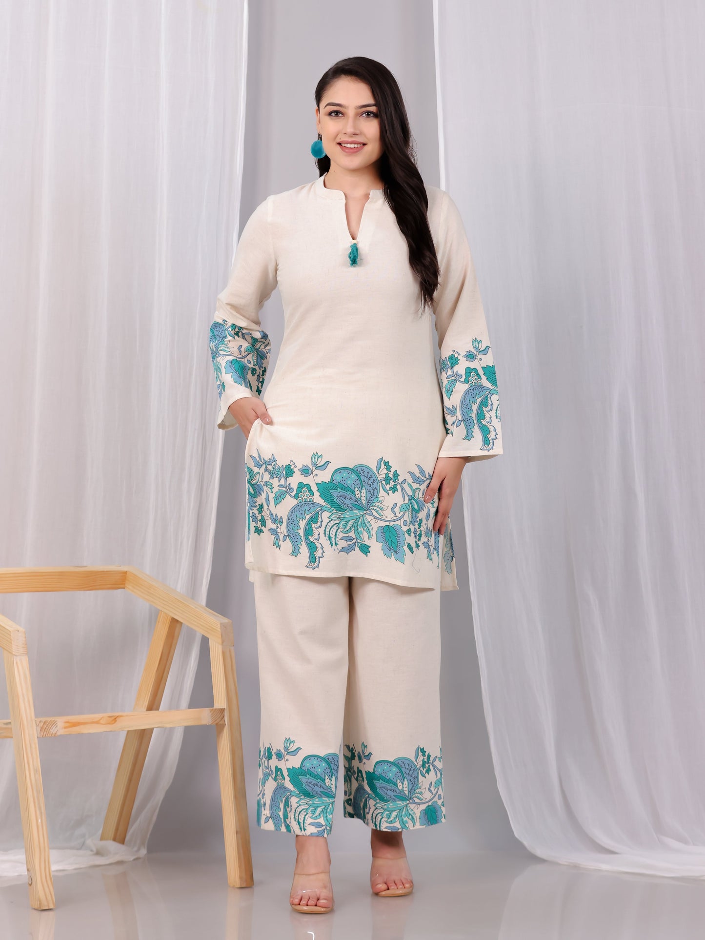 Linen Cotton Placement Print Straight Off White Kurta