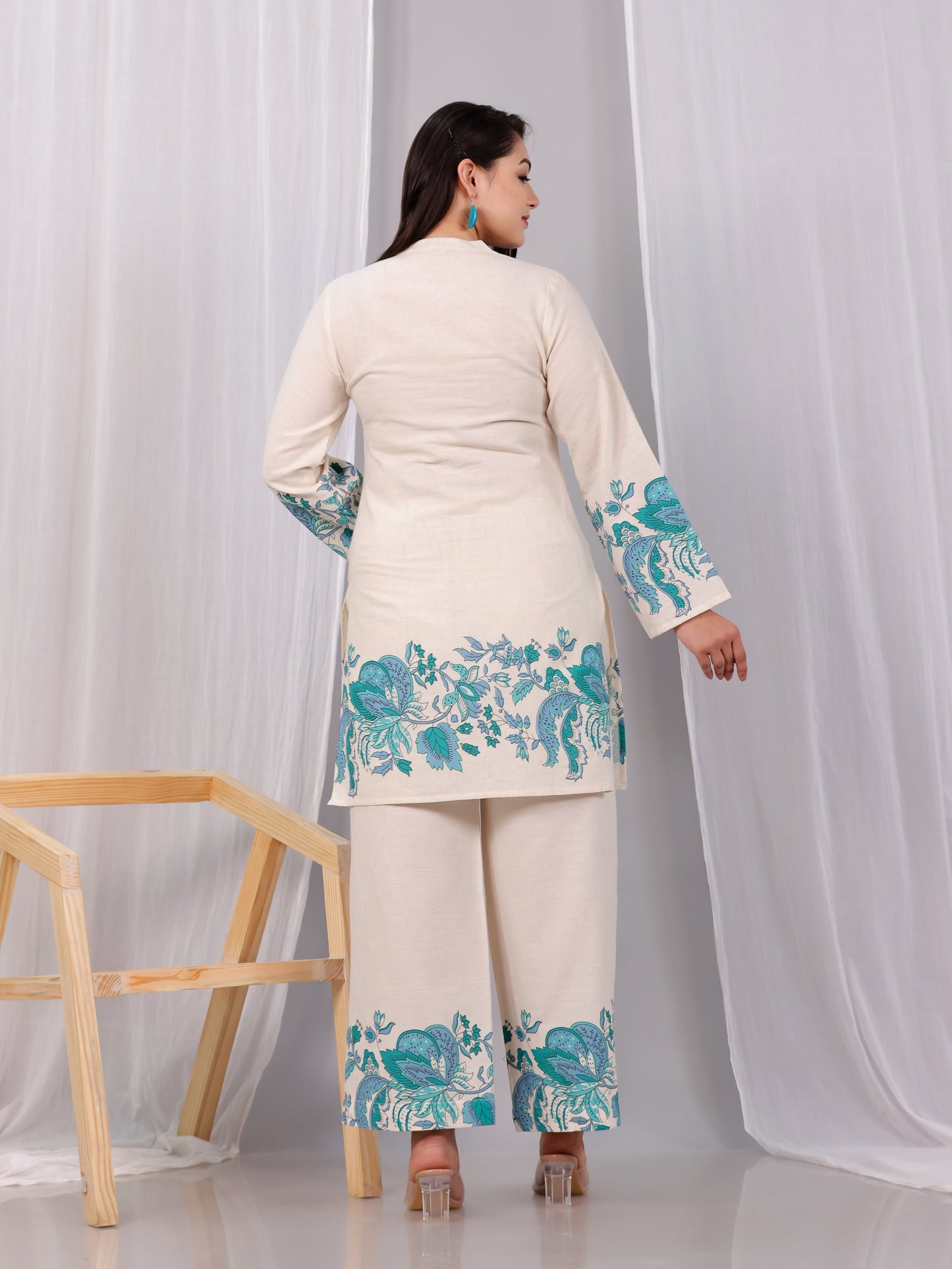 Linen Cotton Placement Print Straight Off White Kurta