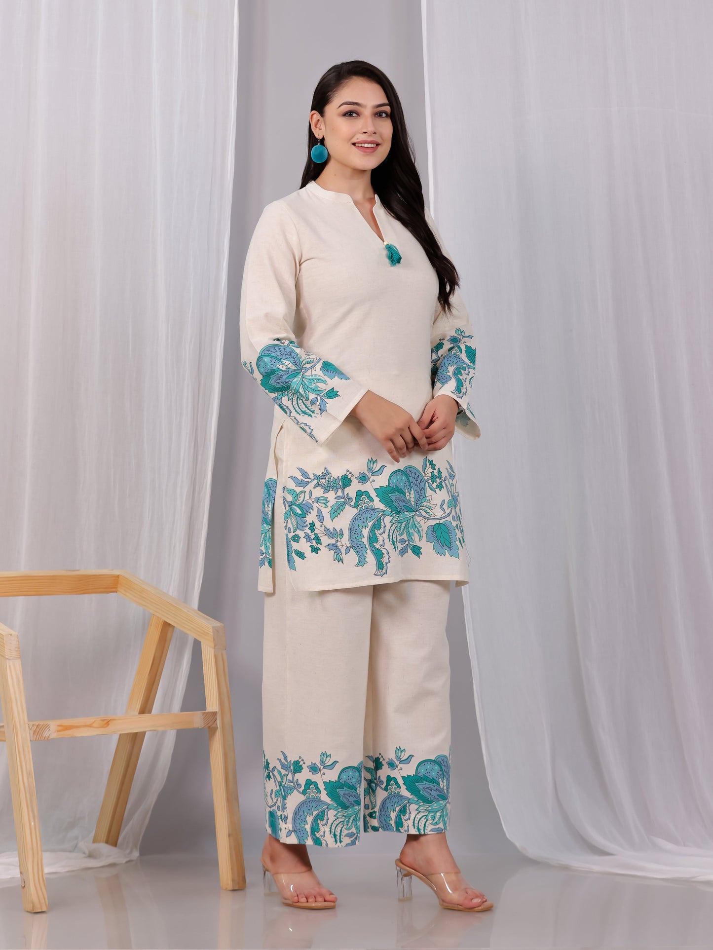 Linen Cotton Placement Print Straight Off White Kurta