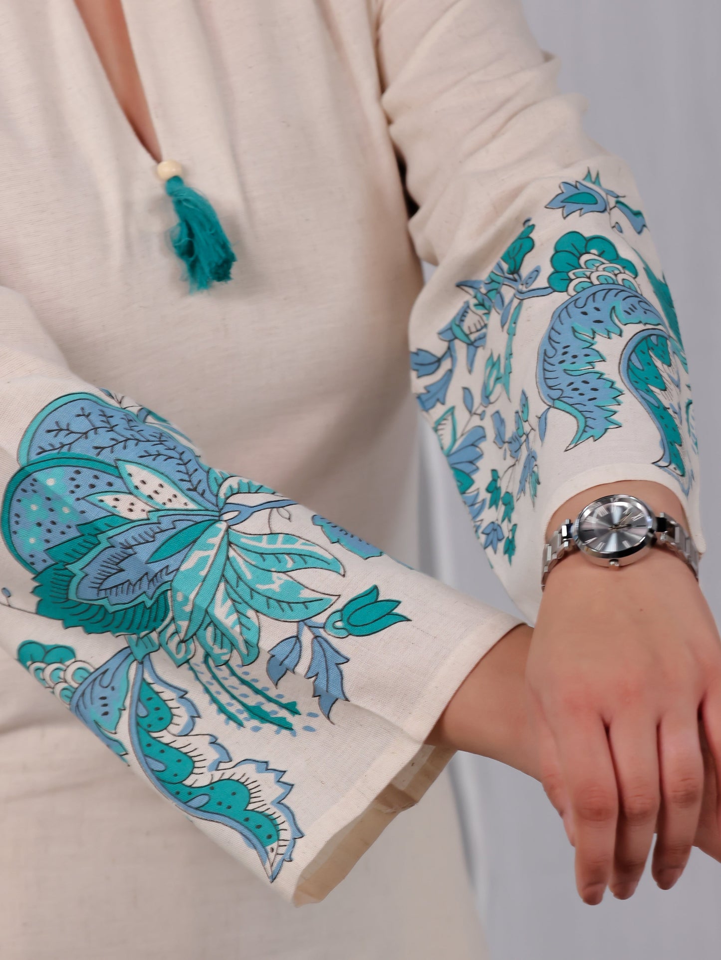 Linen Cotton Placement Print Straight Off White Kurta