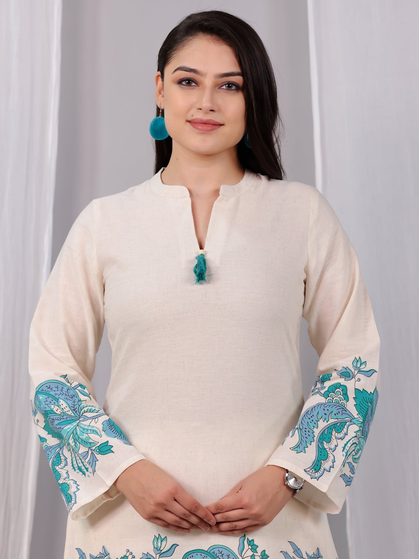 Linen Cotton Placement Print Straight Off White Kurta