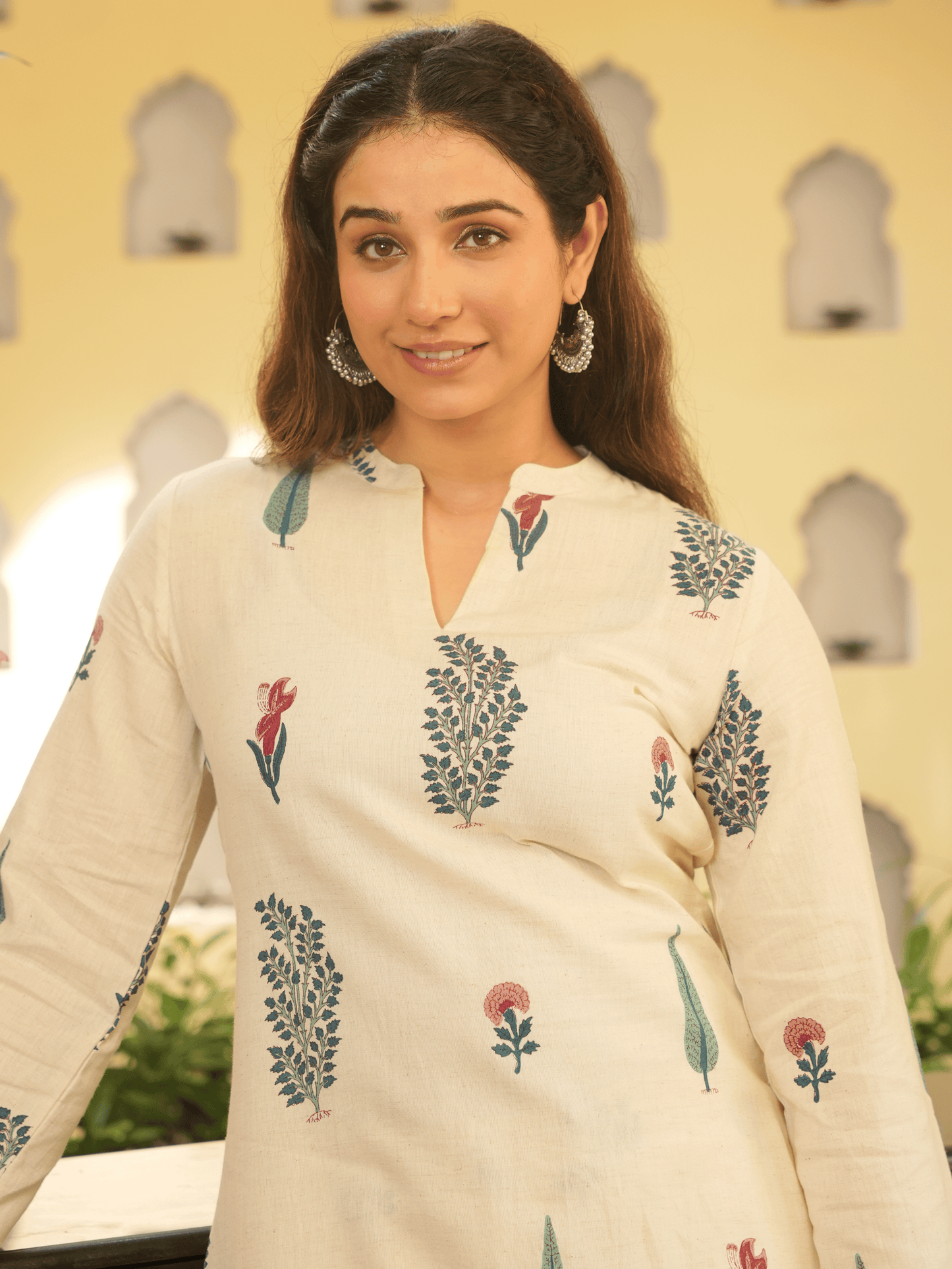 Linen Cotton Floral Straight Off White Kurta