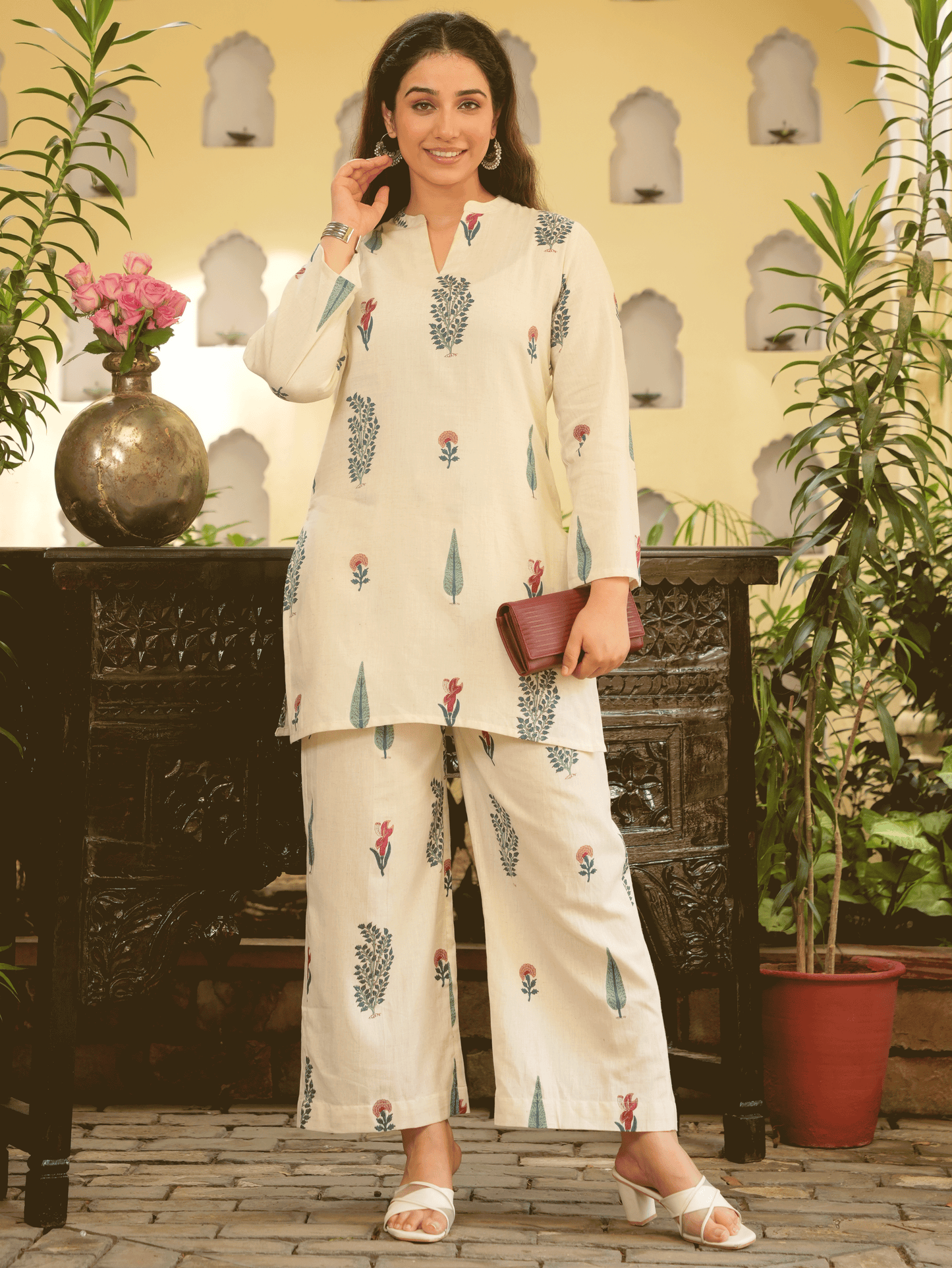 Linen Cotton Floral Straight Off White Kurta