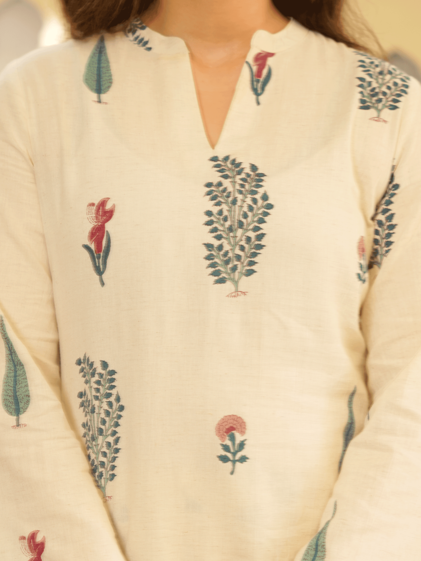 Linen Cotton Floral Straight Off White Kurta