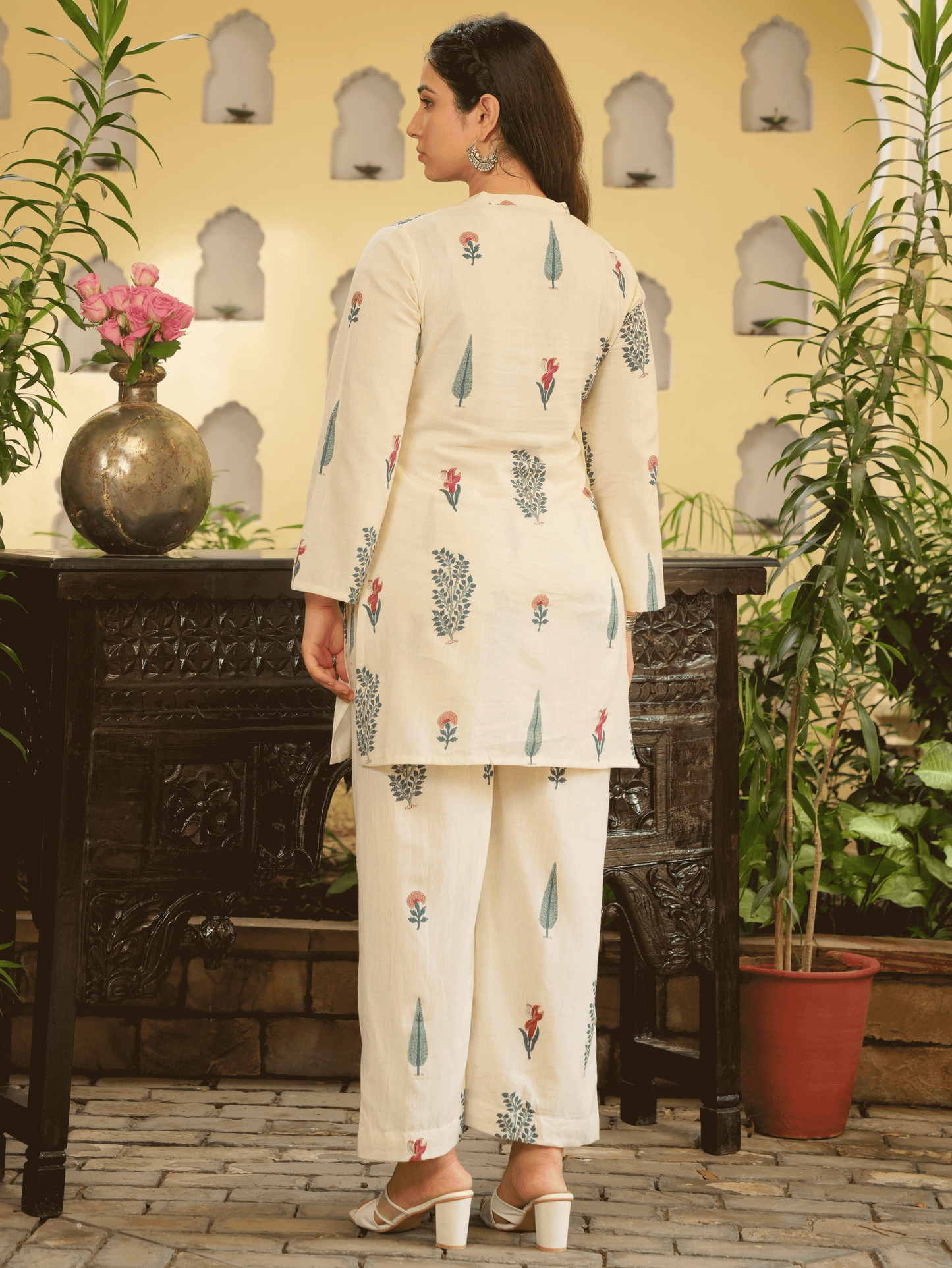 Linen Cotton Floral Straight Off White Kurta