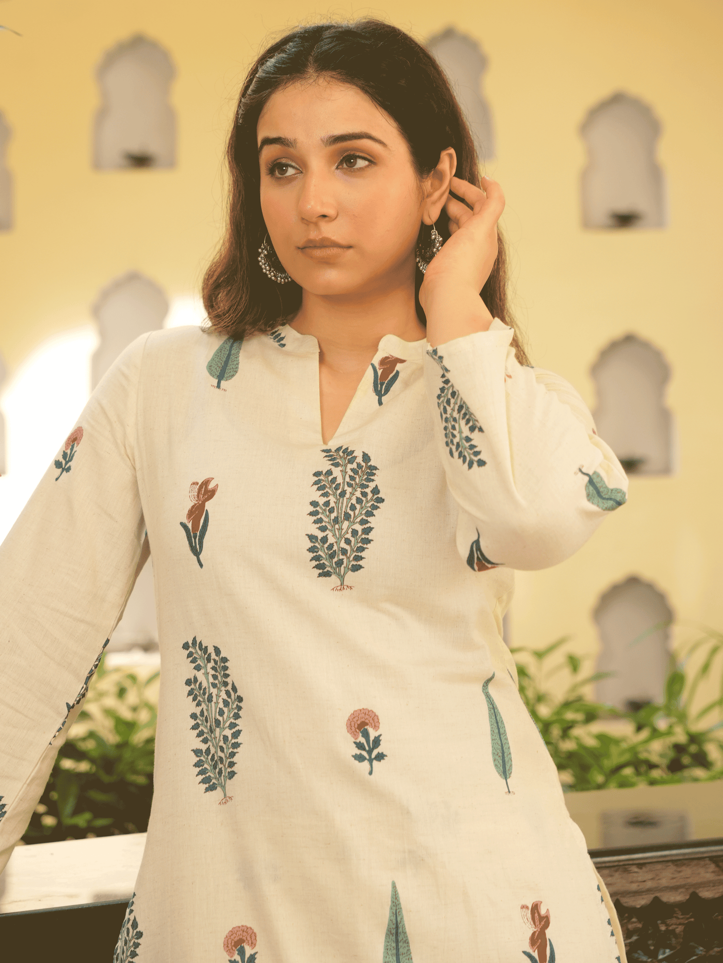 Linen Cotton Floral Straight Off White Kurta