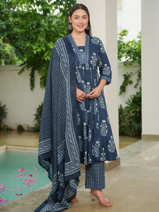 Cotton Voile Border print Indigo blue Dupatta