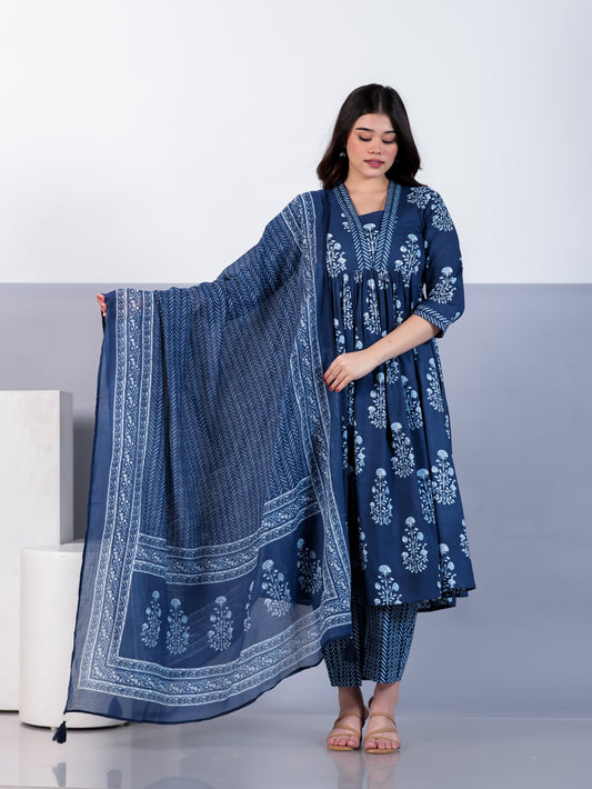 Cotton Voile Border print Indigo blue Dupatta