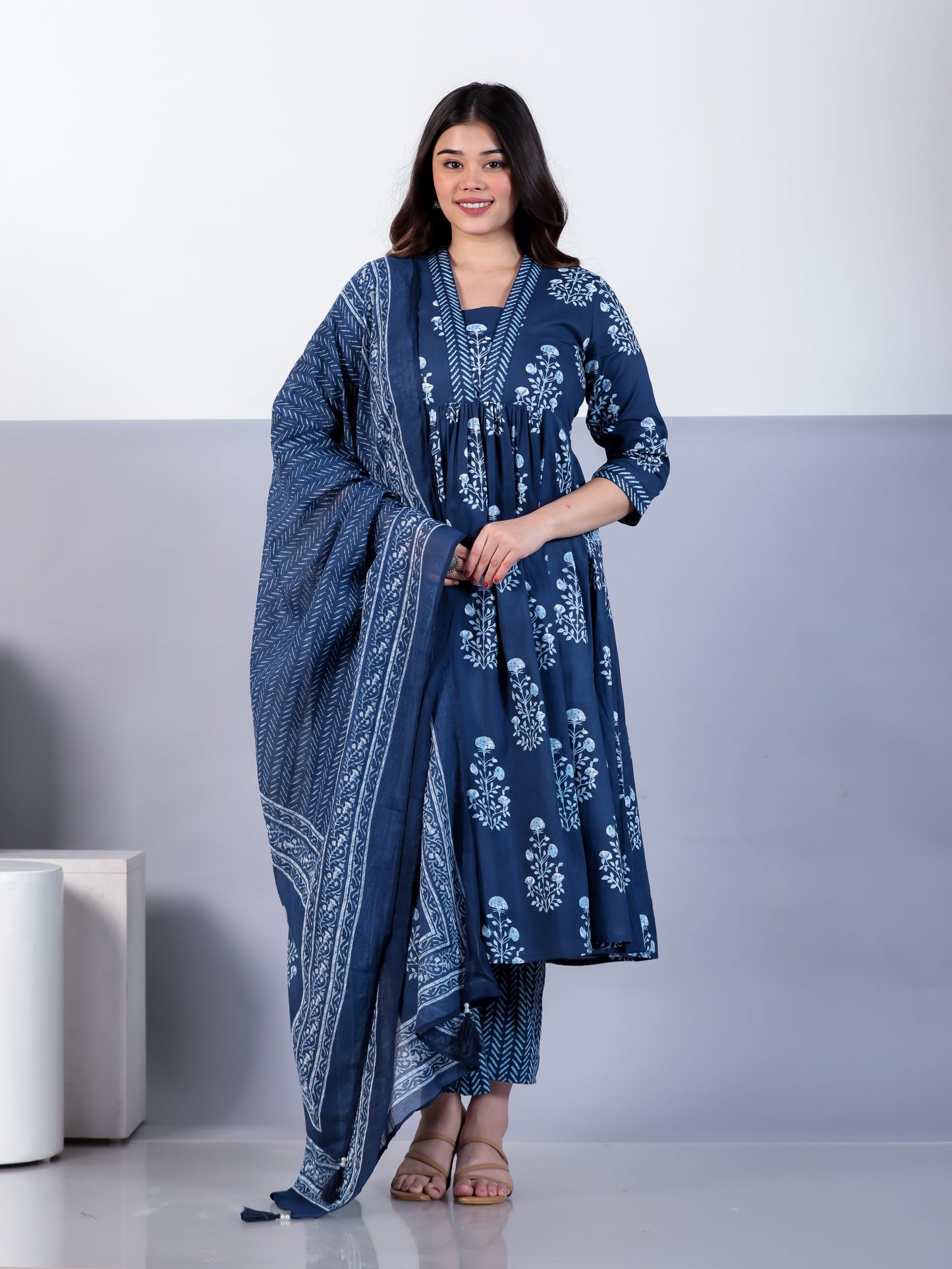 Cotton Voile Border print Indigo blue Dupatta