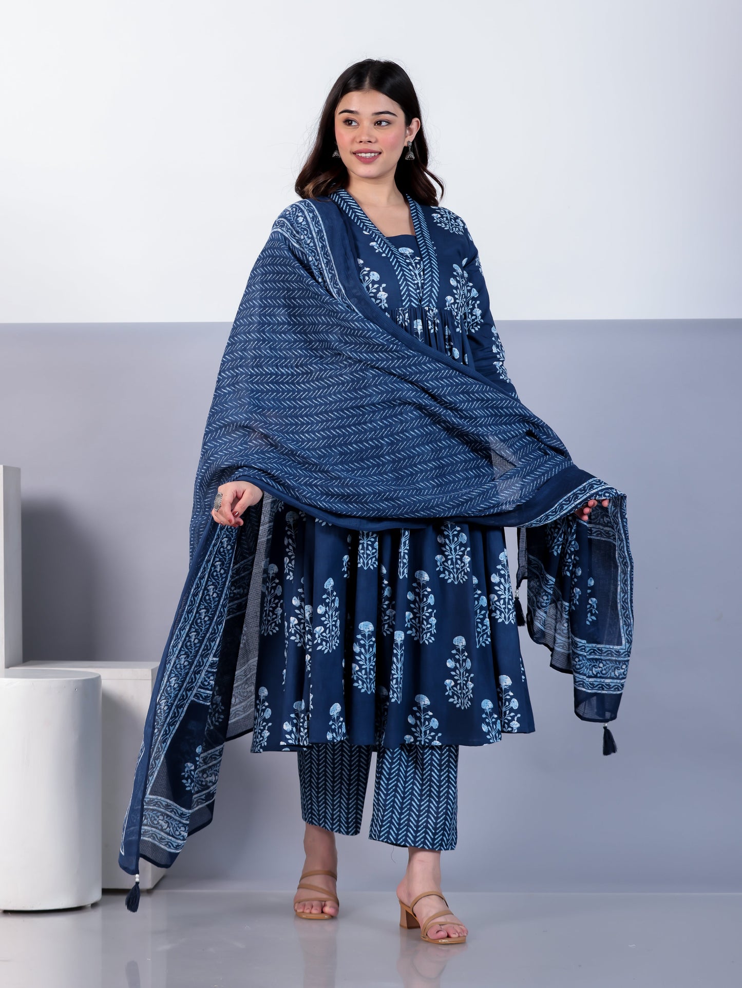 Cotton Voile Border print Indigo blue Dupatta