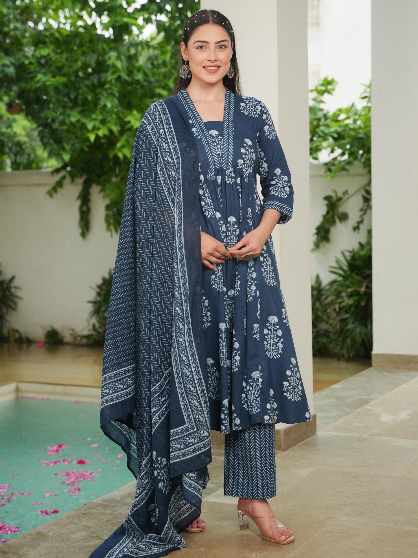 Soft Cotton Floral Anarkali Indigo blue Kurta