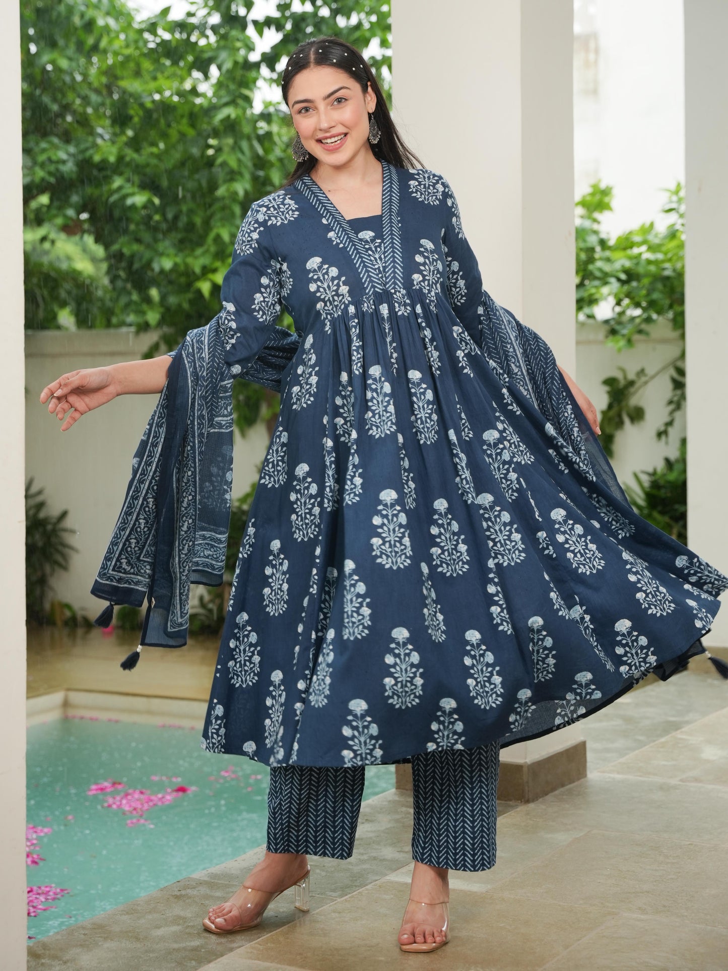 Soft Cotton Floral Anarkali Indigo blue Kurta
