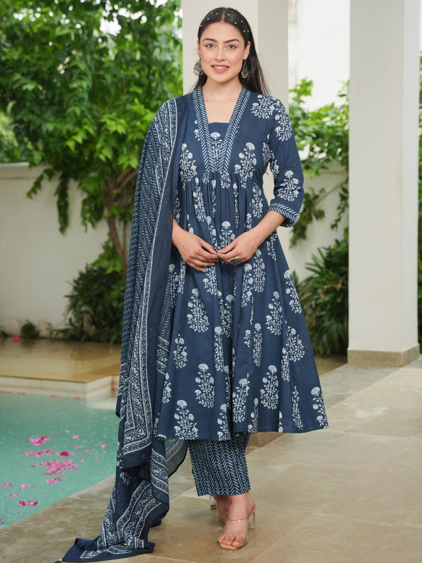 Soft Cotton Floral Anarkali Indigo blue Kurta