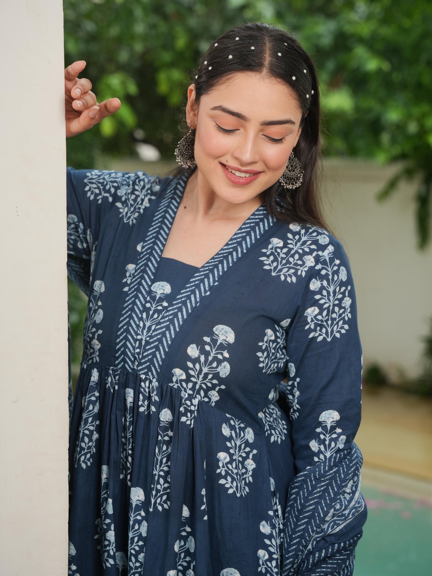 Soft Cotton Floral Anarkali Indigo blue Kurta