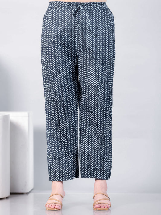 Soft Cotton Border print Indigo blue Straight Trousers