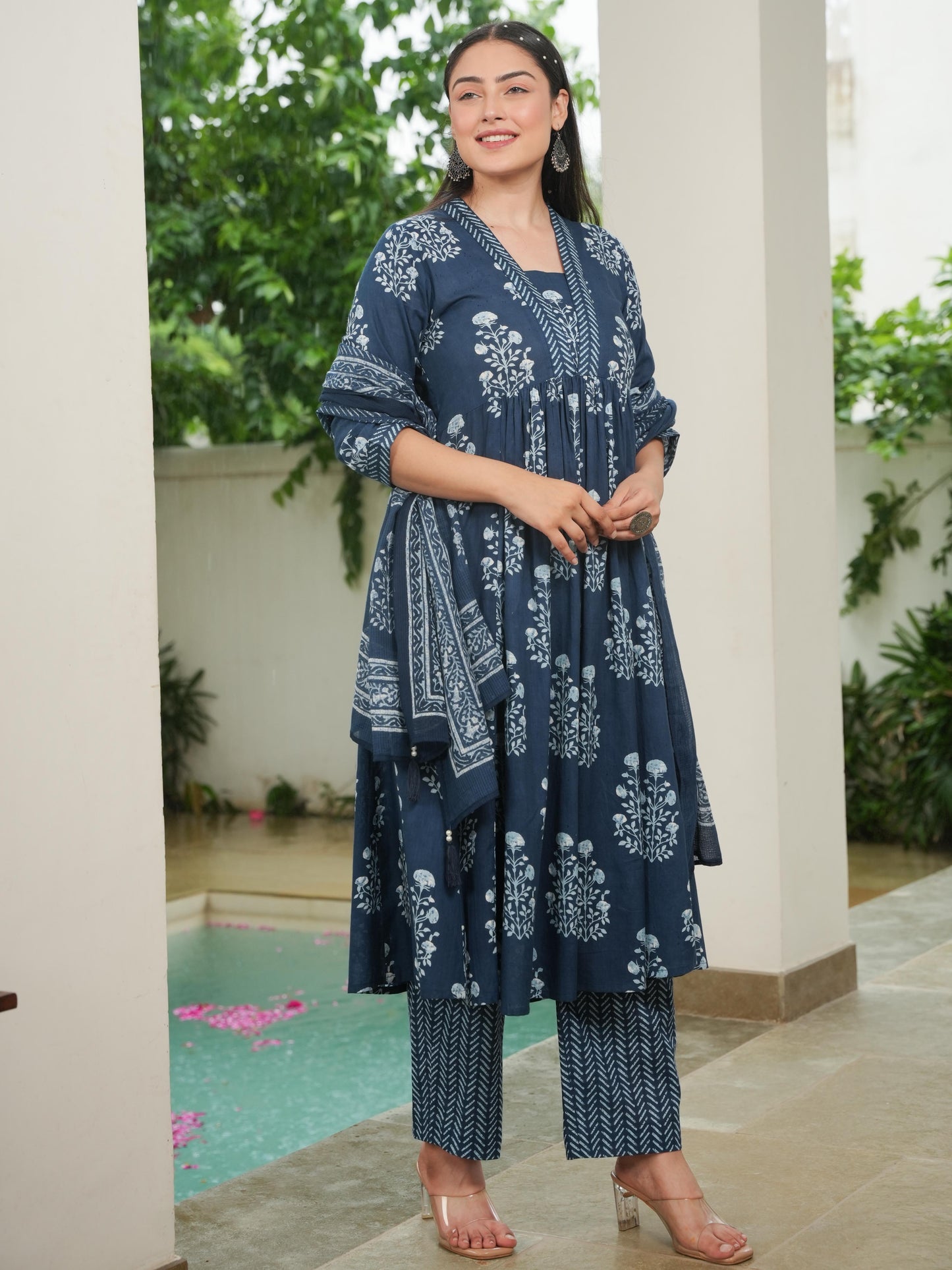 Soft Cotton Floral Anarkali Indigo blue Kurta