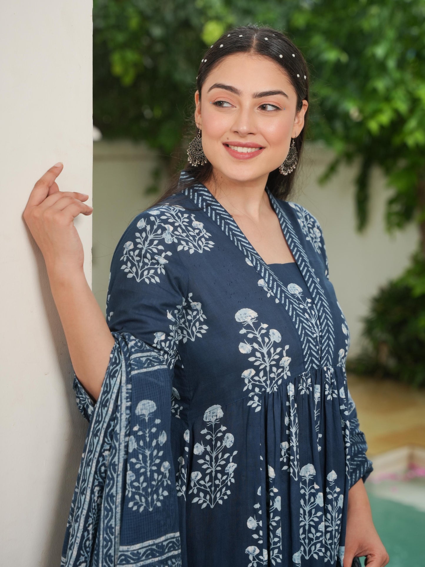 Soft Cotton Floral Anarkali Indigo blue Kurta