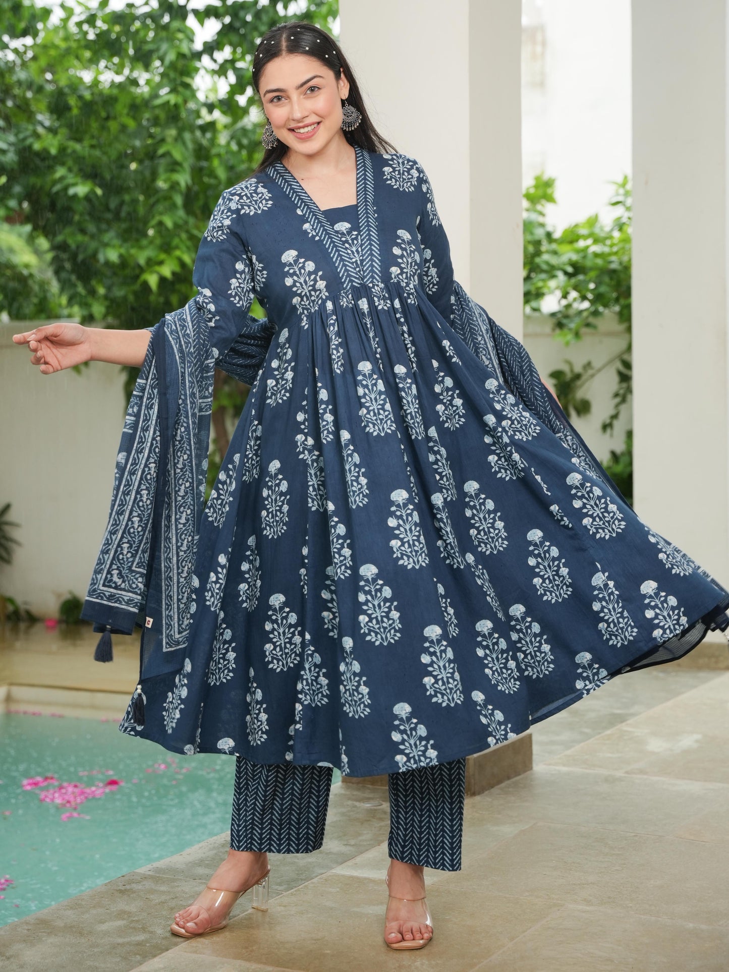 Soft Cotton Floral Anarkali Indigo blue Kurta