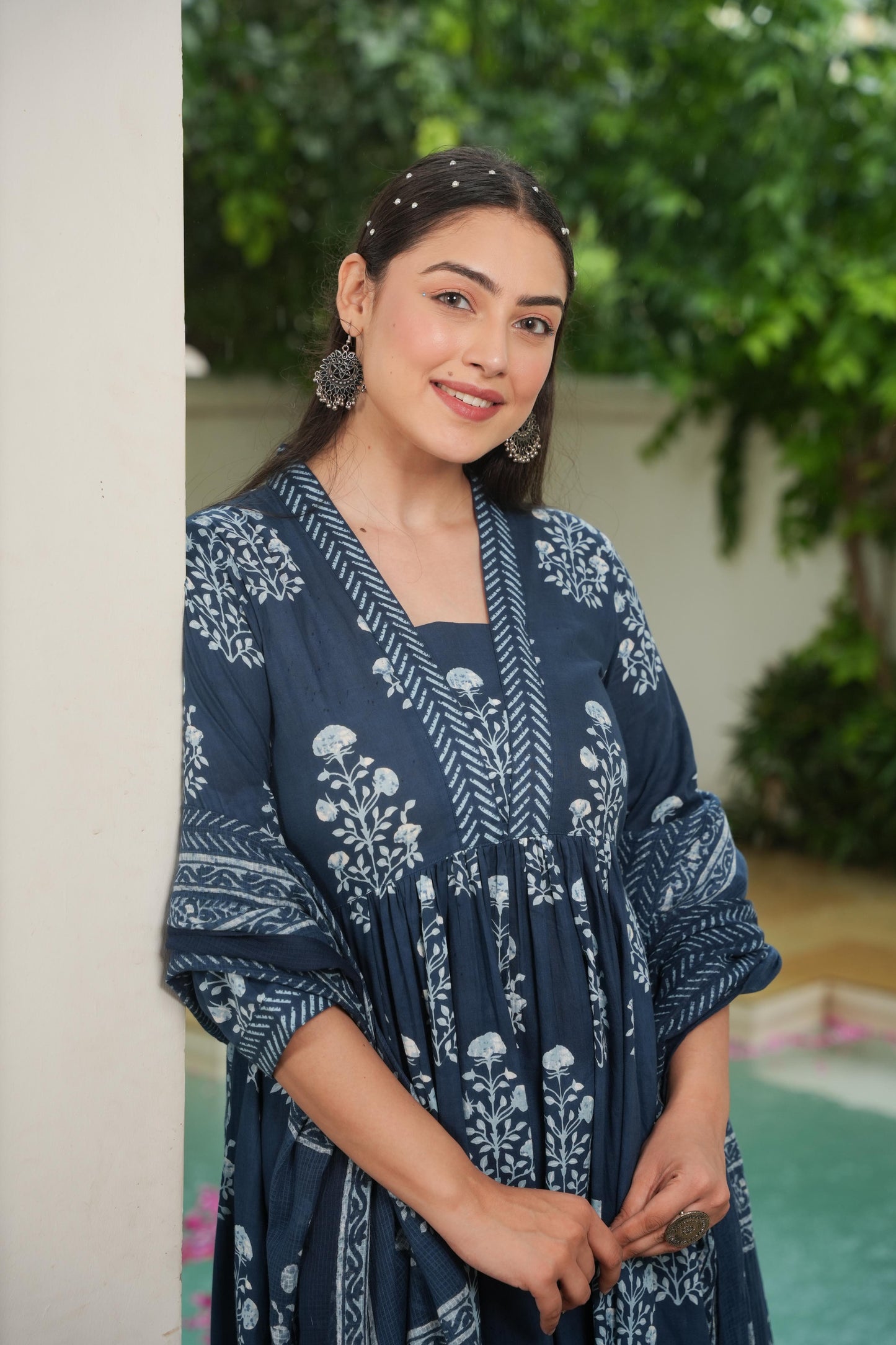 Soft Cotton Floral Anarkali Indigo blue Kurta