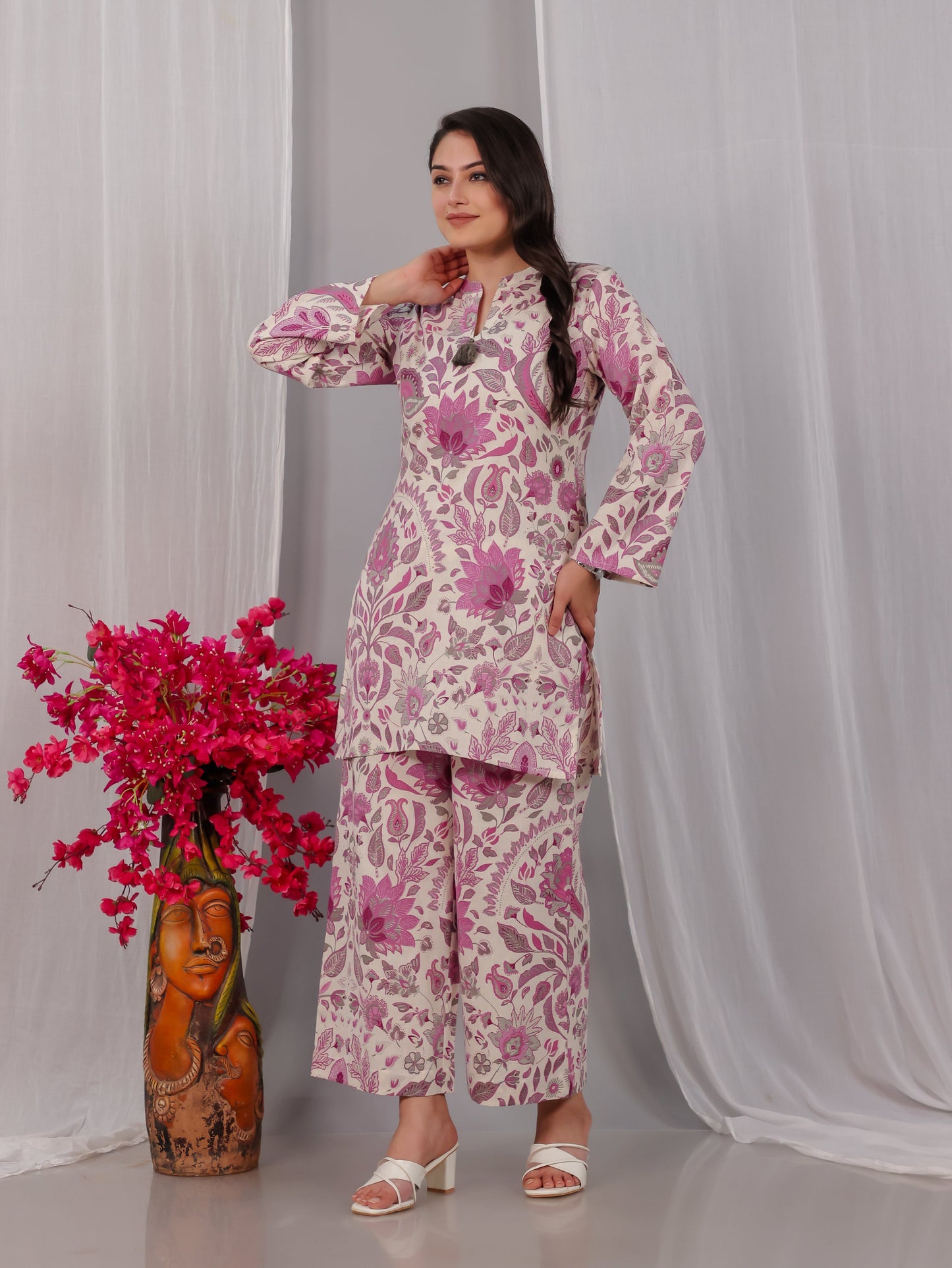 Linen Cotton Floral Straight Off White Kurta