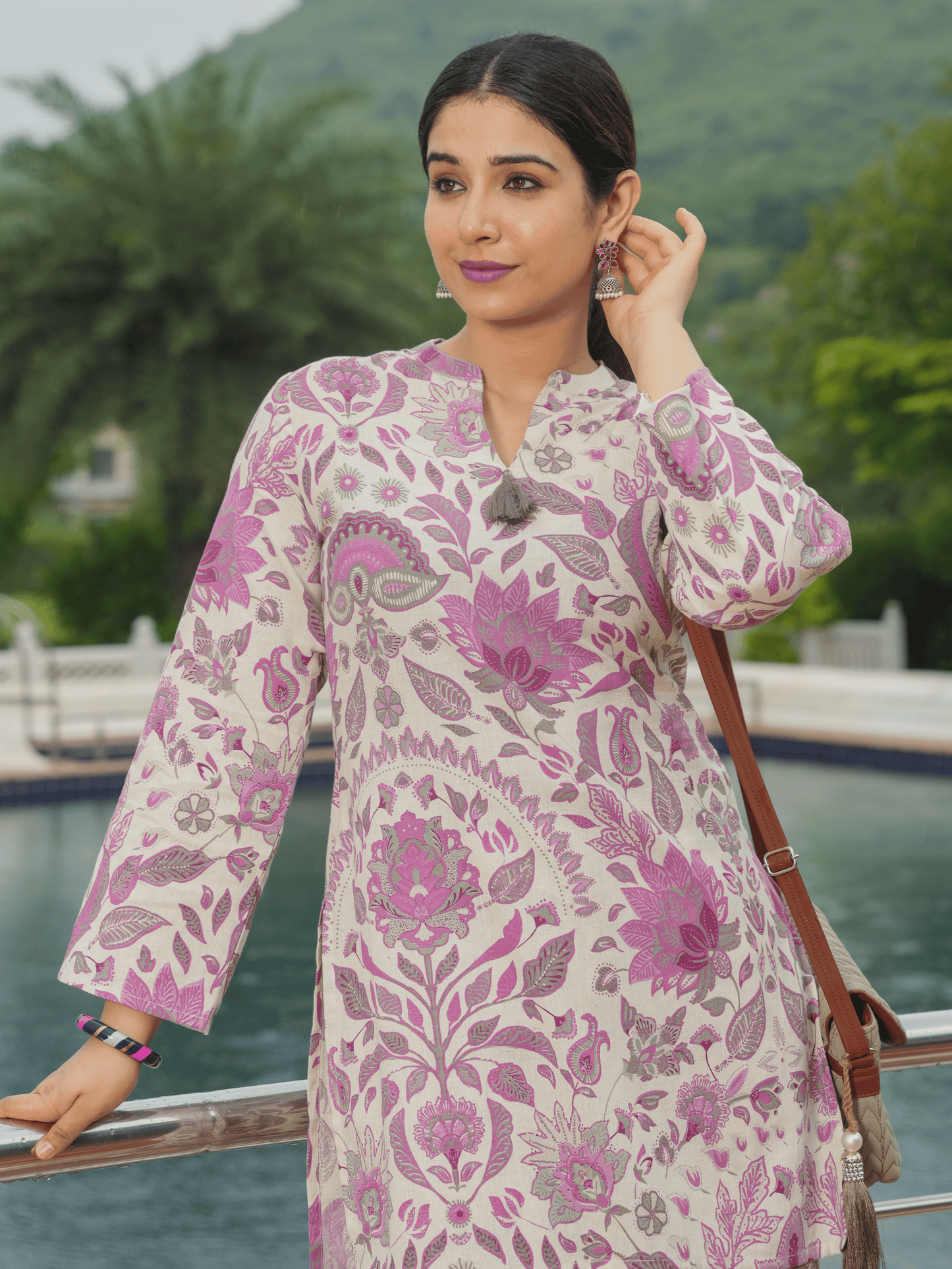 Linen Cotton Floral Straight Off White Kurta