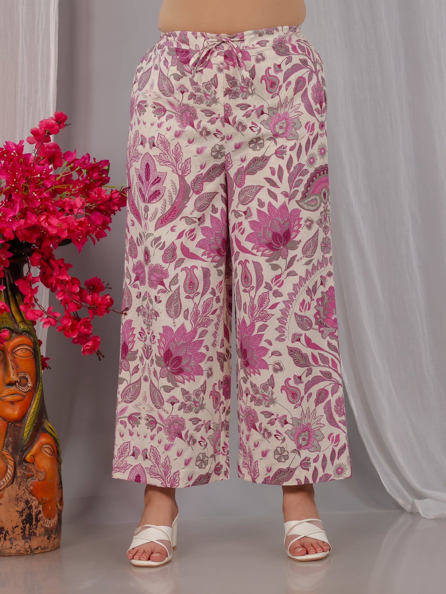 Linen Cotton Floral Straight Off White Kurta