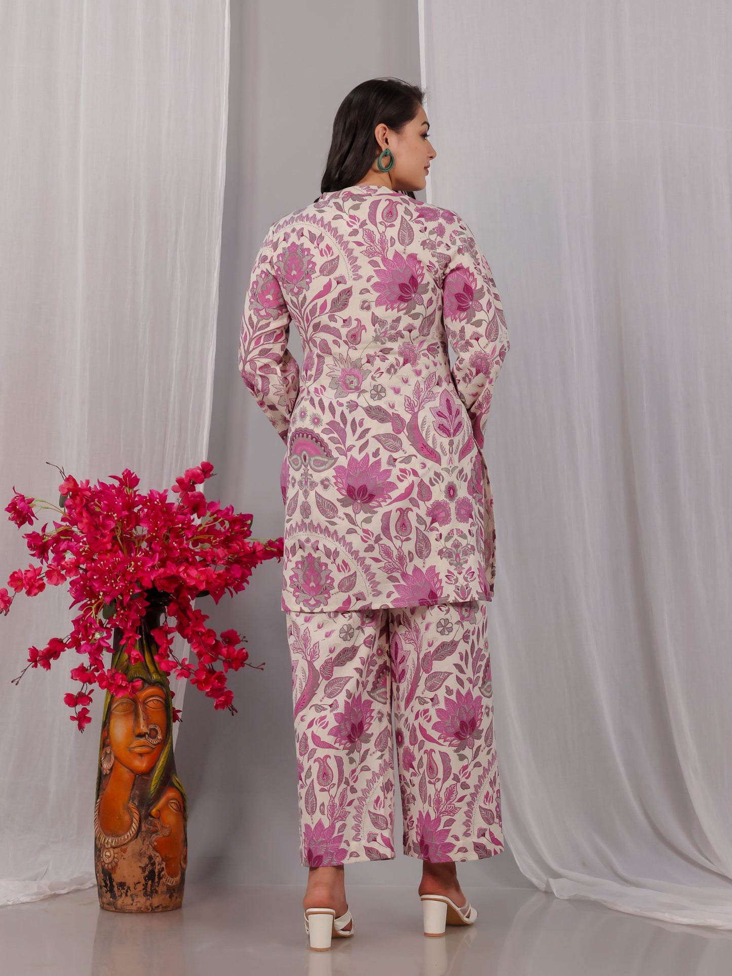 Linen Cotton Floral Straight Off White Kurta