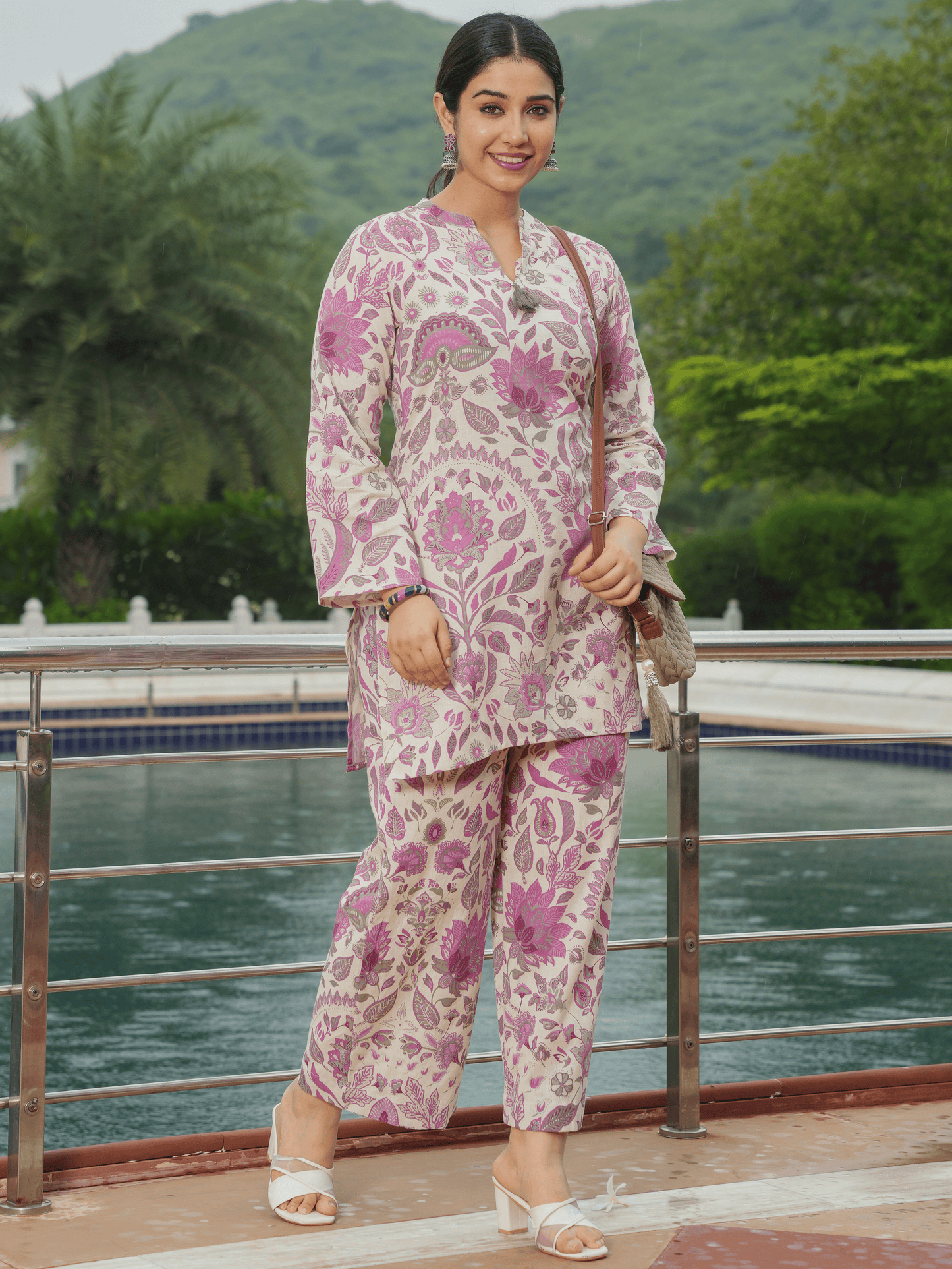 Linen Cotton Floral Straight Off White Kurta