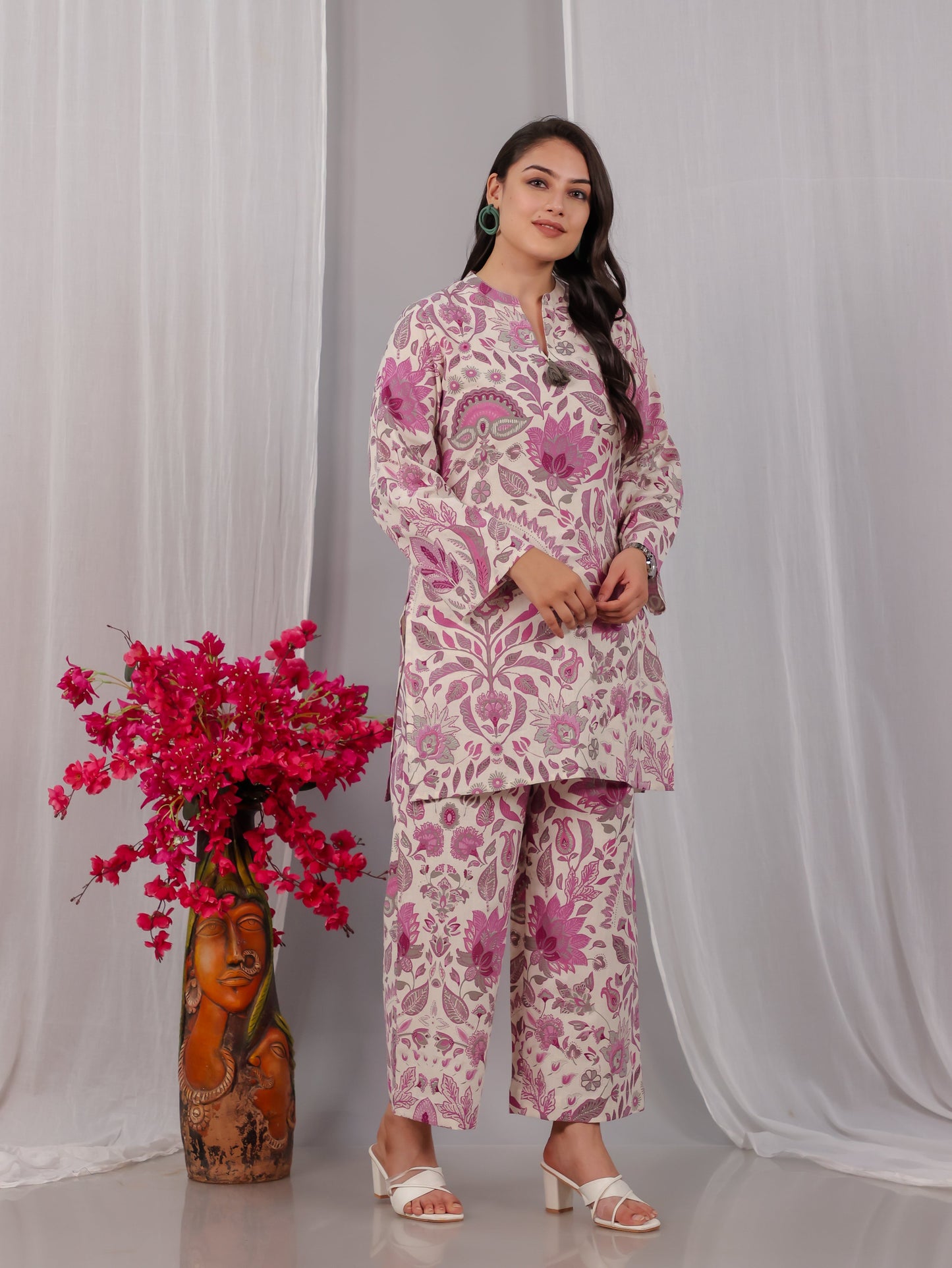 Linen Cotton Floral Straight Off White Kurta