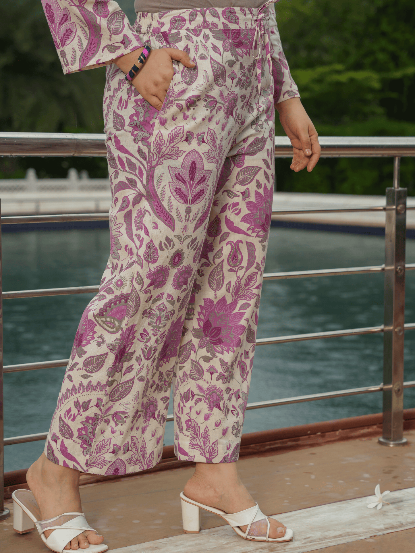 Linen Cotton Floral Straight Off White Kurta