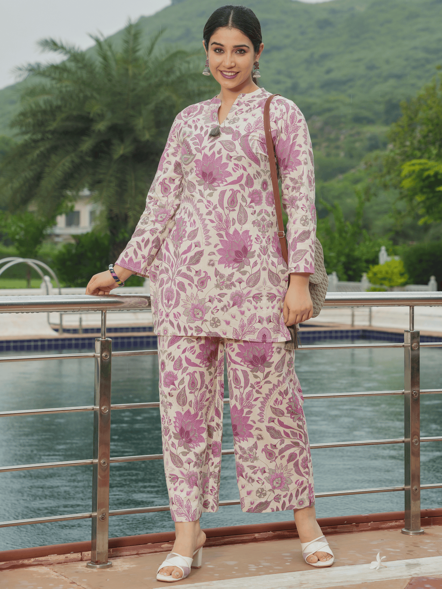 Linen Cotton Floral Straight Off White Kurta