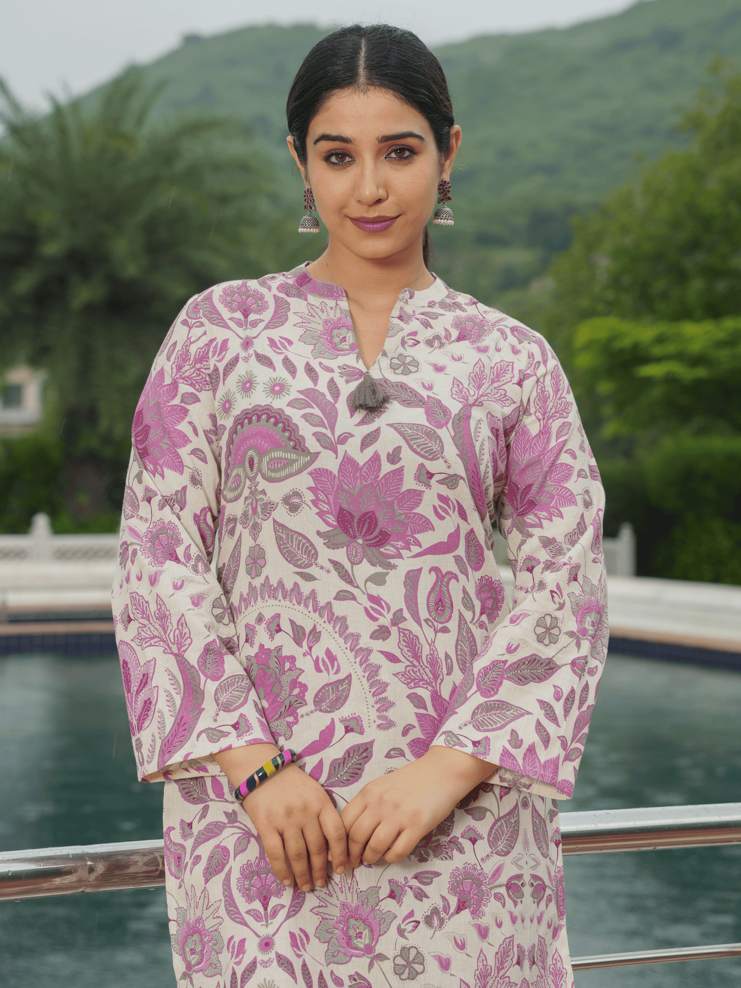 Linen Cotton Floral Straight Off White Kurta