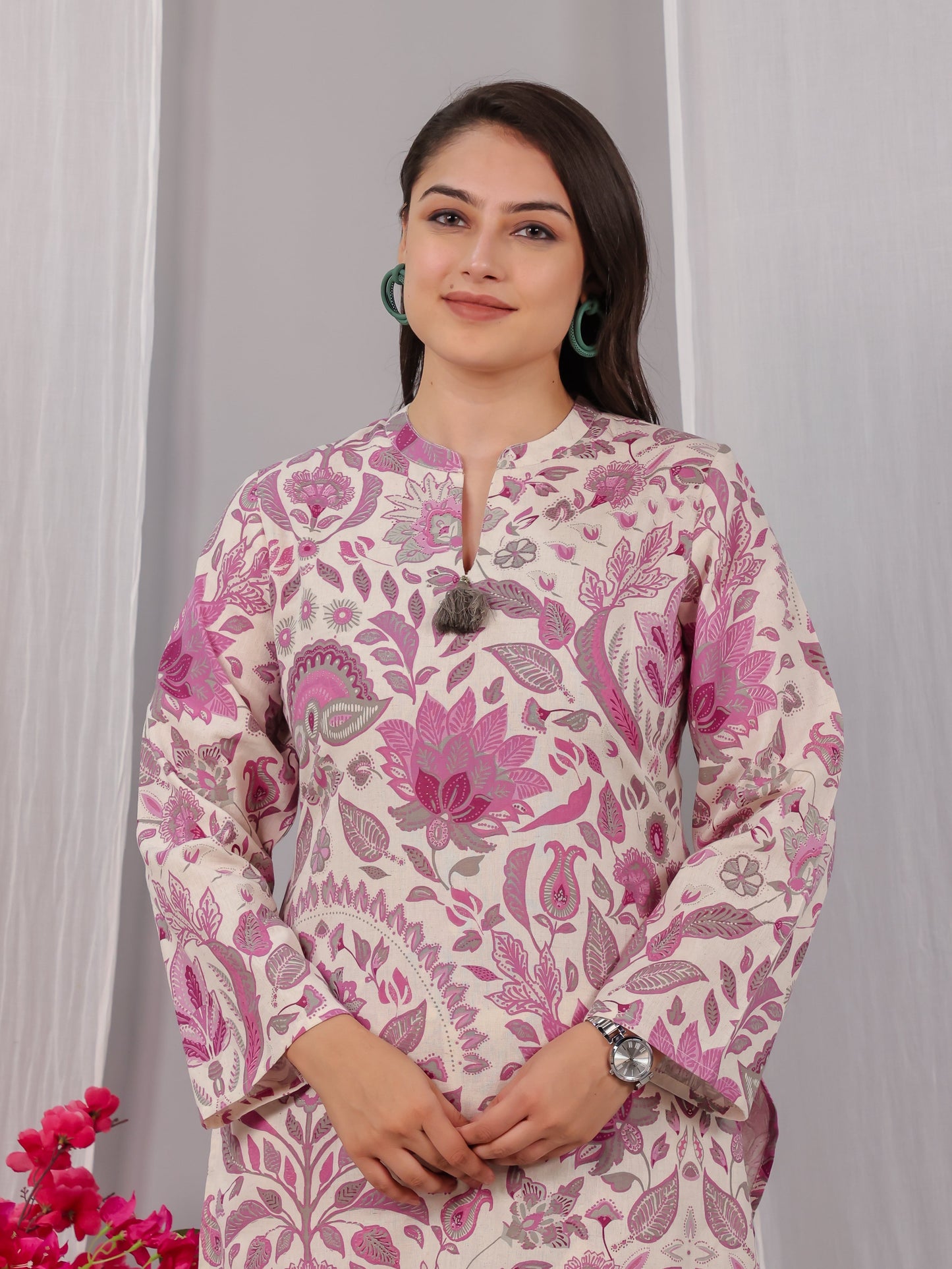 Linen Cotton Floral Straight Off White Kurta