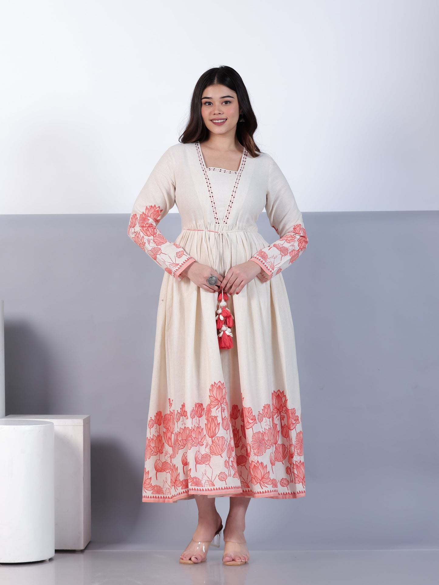 Linen Cotton Placement Print Anarkali Off White Dress