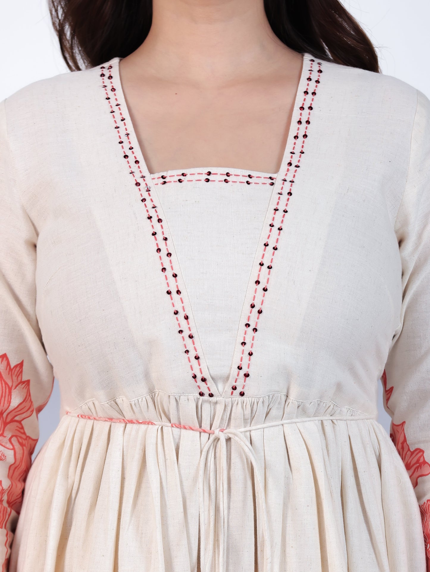 Linen Cotton Placement Print Anarkali Off White Dress