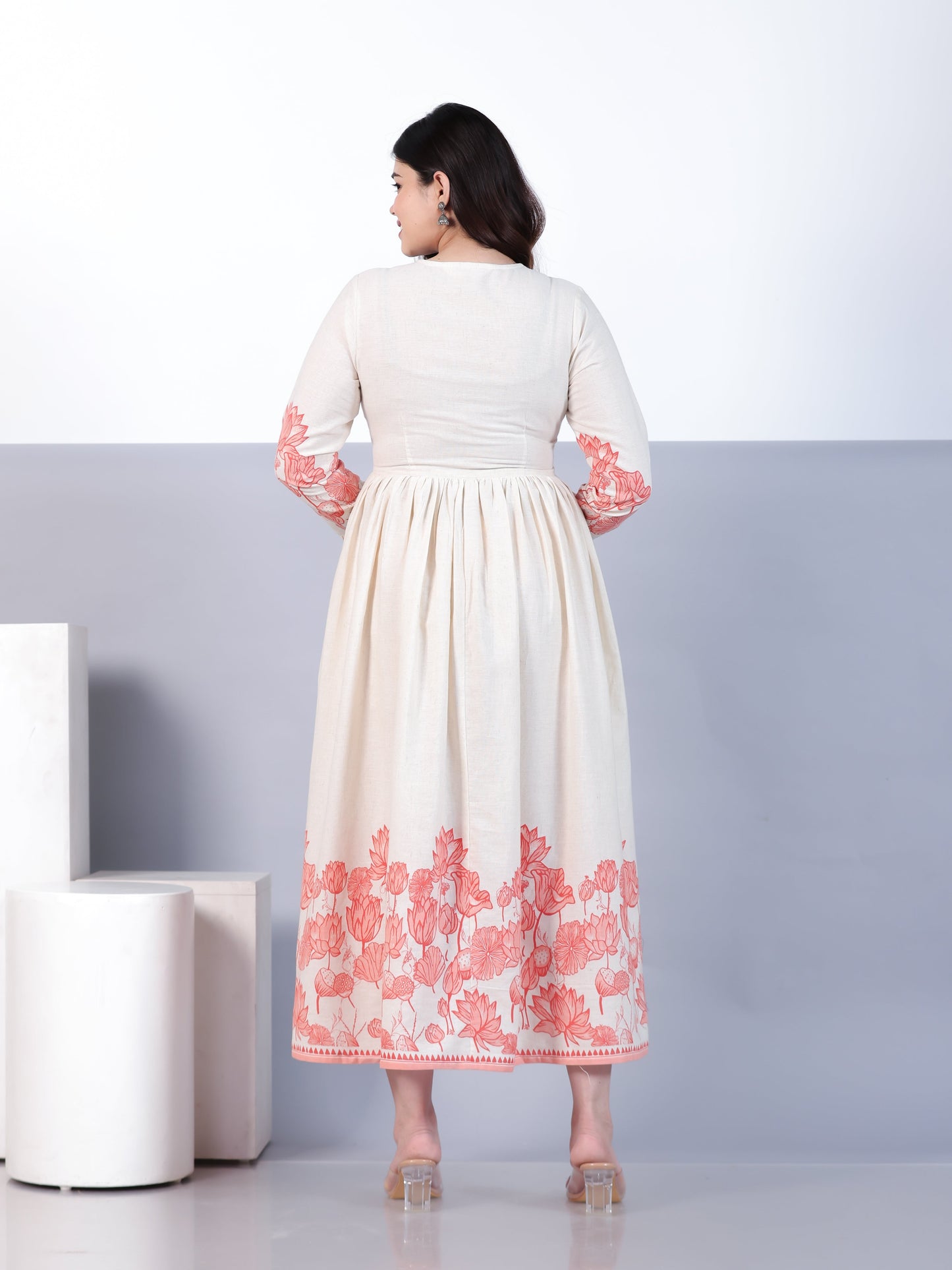 Linen Cotton Placement Print Anarkali Off White Dress